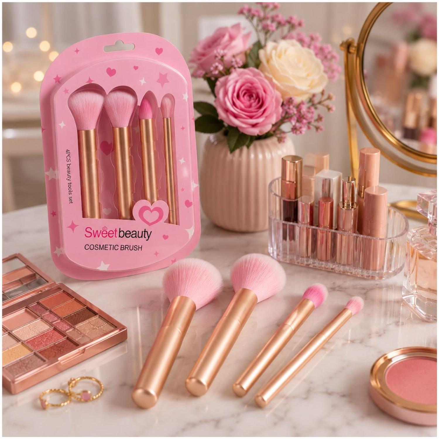 SET DE 4 BROCHAS DE MAQUILLAJE COSMÉTICAS SWEET BEAUTY PARA ROSTRO Y OJOS CERDAS SUAVES TAMAÑO M - 2