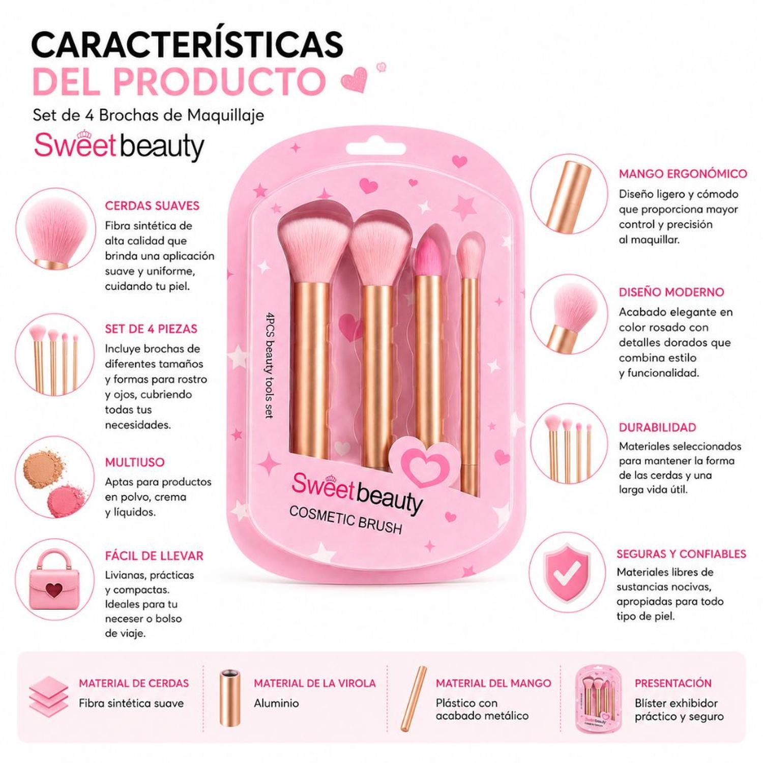 SET DE 4 BROCHAS DE MAQUILLAJE COSMÉTICAS SWEET BEAUTY PARA ROSTRO Y OJOS CERDAS SUAVES TAMAÑO M - 4