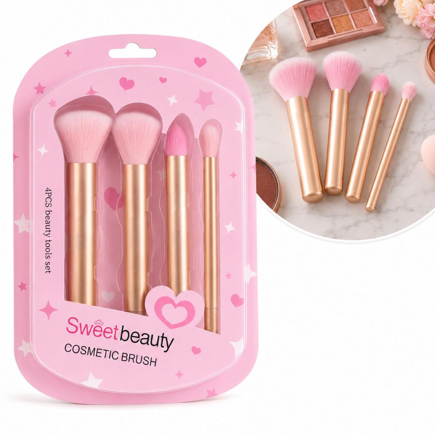 SET DE 4 BROCHAS DE MAQUILLAJE COSMÉTICAS SWEET BEAUTY PARA ROSTRO Y OJOS CERDAS SUAVES TAMAÑO M - 5