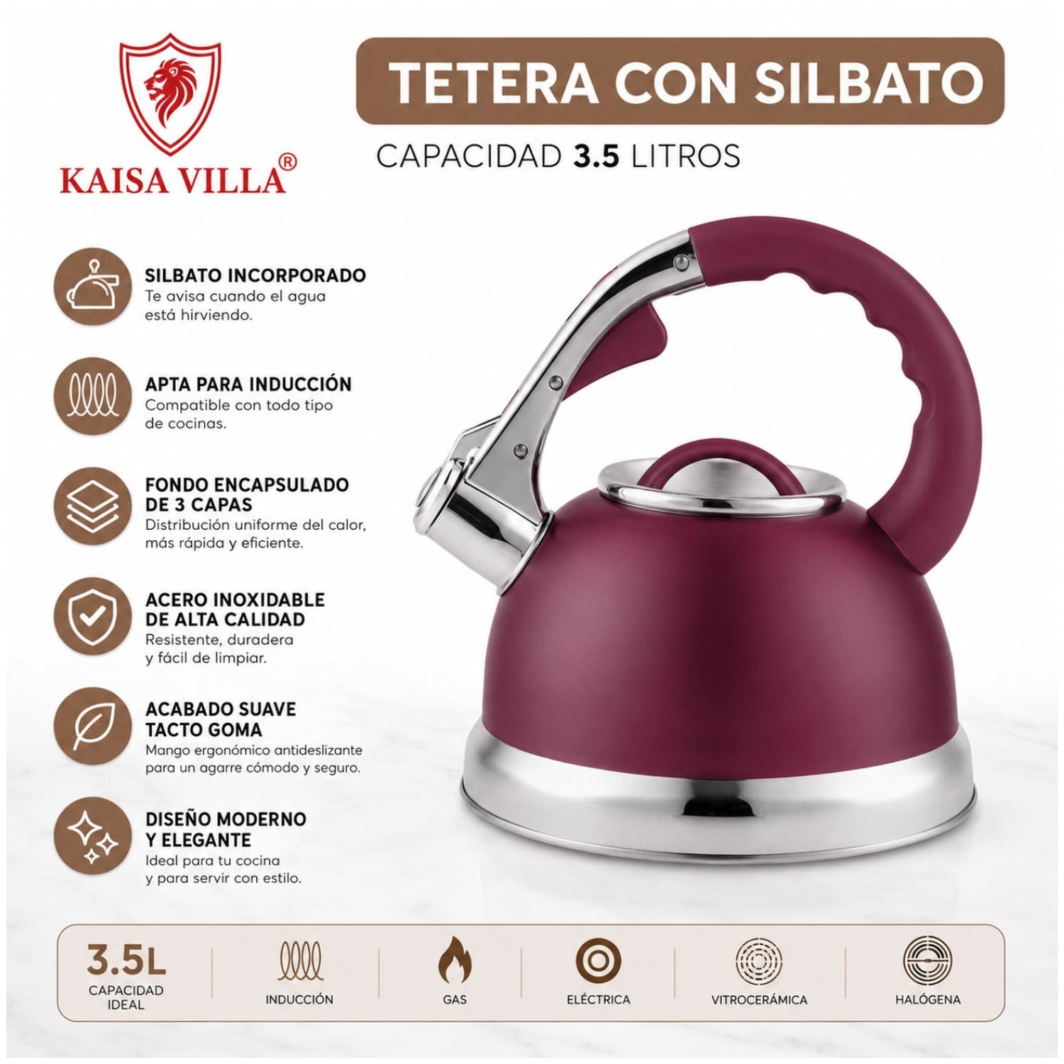 TETERA SILBADORA KAISA VILLA 3.5L DE ACERO INOXIDABLE FONDO 3 CAPAS PARA INDUCCIÓN TAMAÑO M - 2