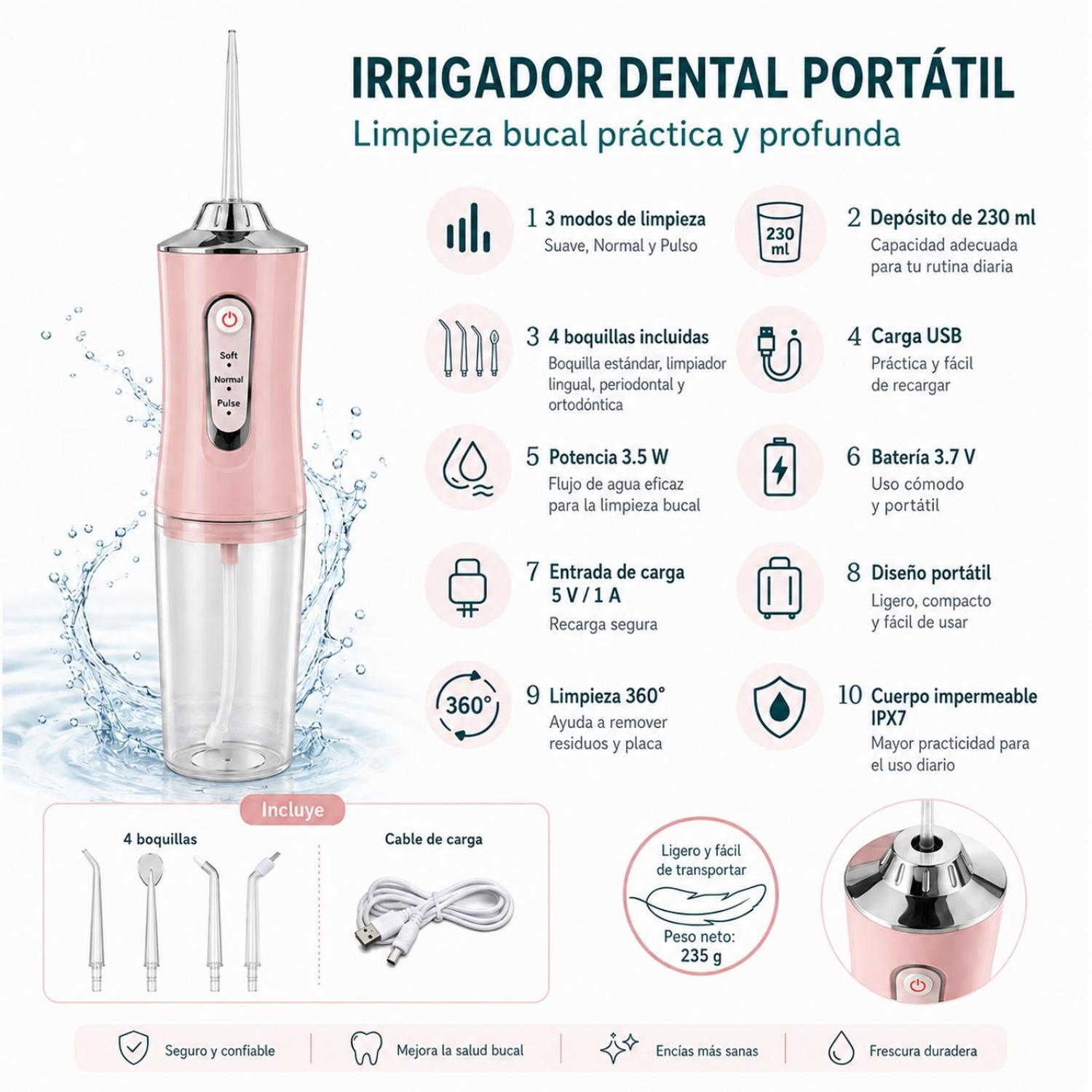 IRRIGADOR ORAL BUCAL PARA LIMPIEZA DENTAL PORTÁTIL INALÁMBRICO 4 EN 1 ROSA TAMAÑO M - 2