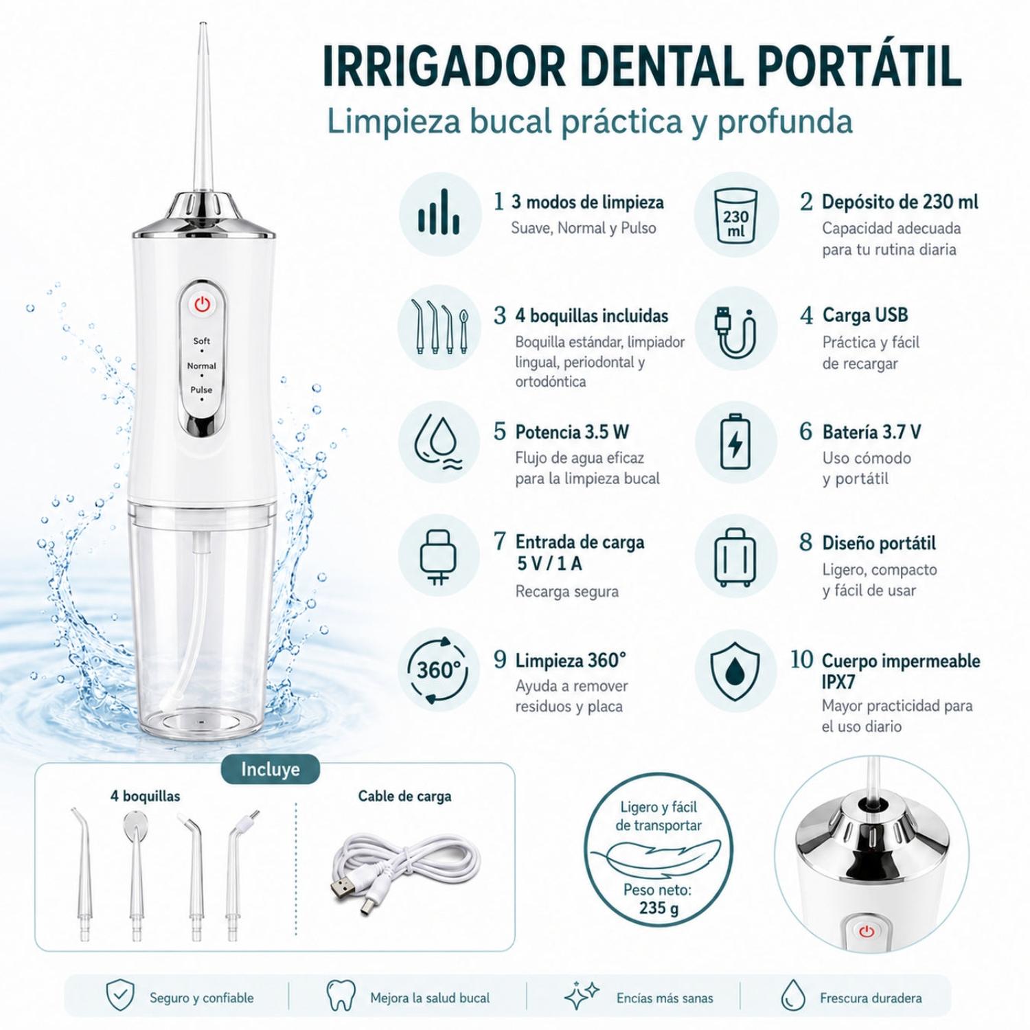 IRRIGADOR ORAL BUCAL PARA LIMPIEZA DENTAL PORTÁTIL INALÁMBRICO 4 EN 1 BLANCO TAMAÑO M - 2