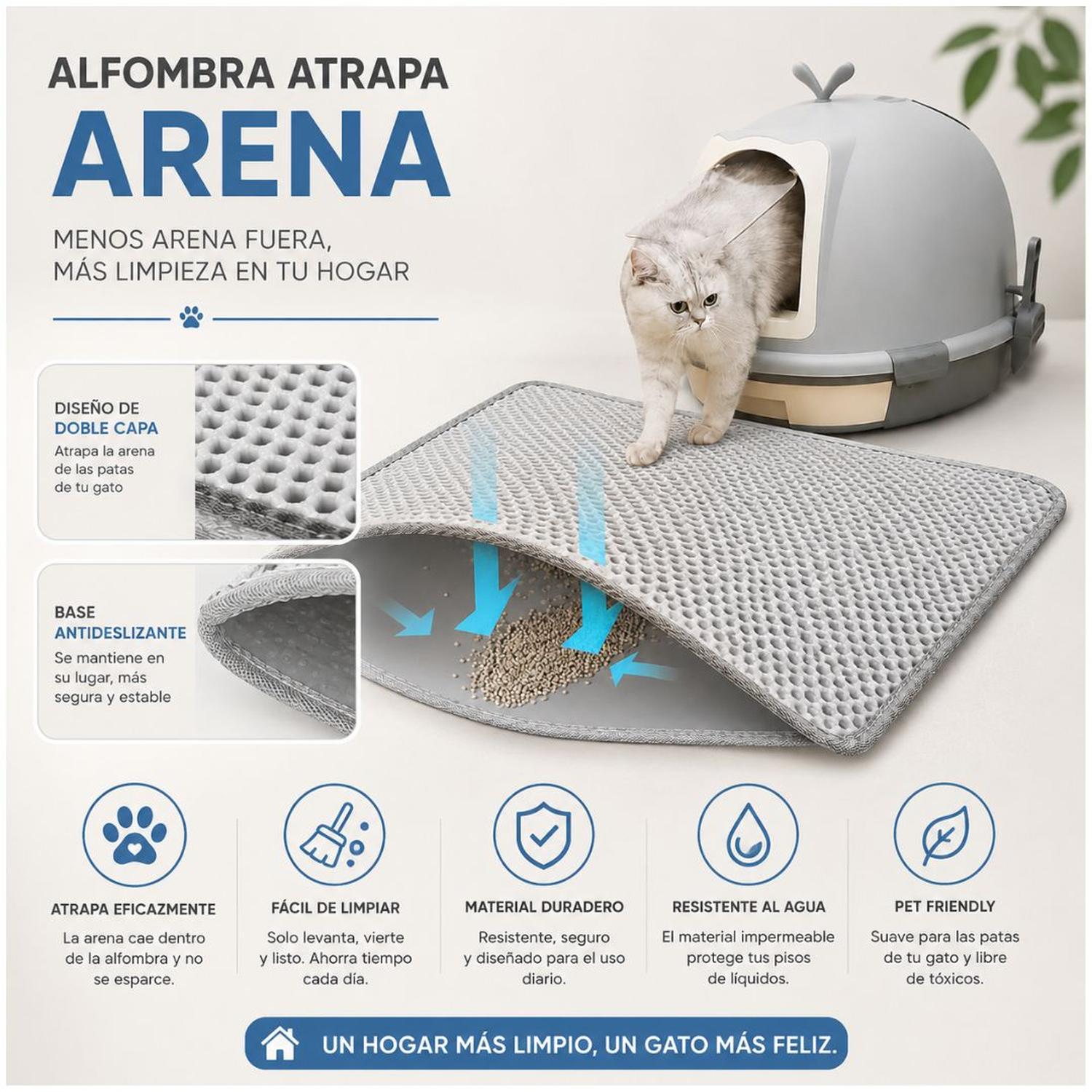 ALFOMBRA COLECTORA ATRAPA ARENA PARA GATOS 30X45CM ANTIDESLIZANTE DOBLE CAPA - 2
