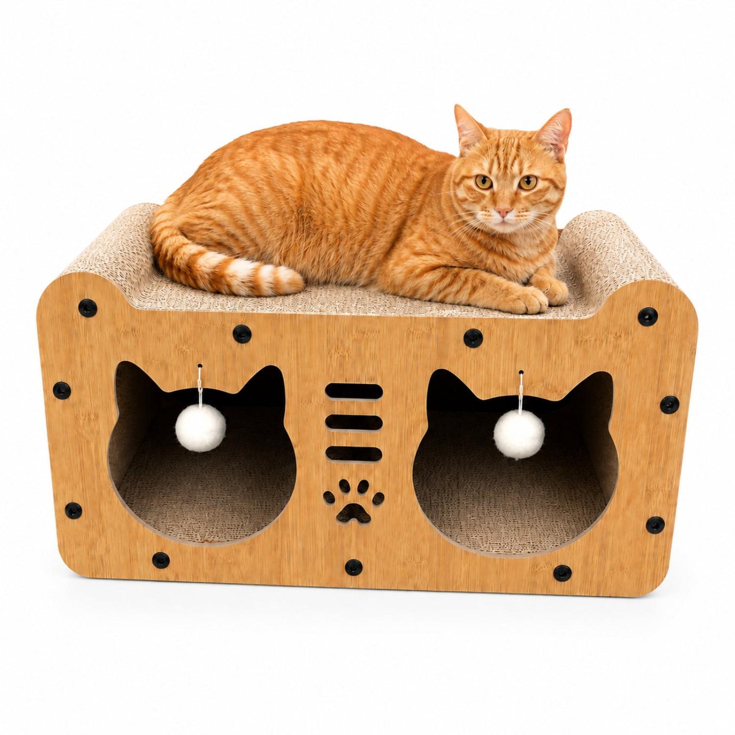 CASA RASCADOR PARA GATOS 2 EN 1 CON CAMA Y REFUGIO ACABADO TIPO BAMBÚ 27X51CM - 1