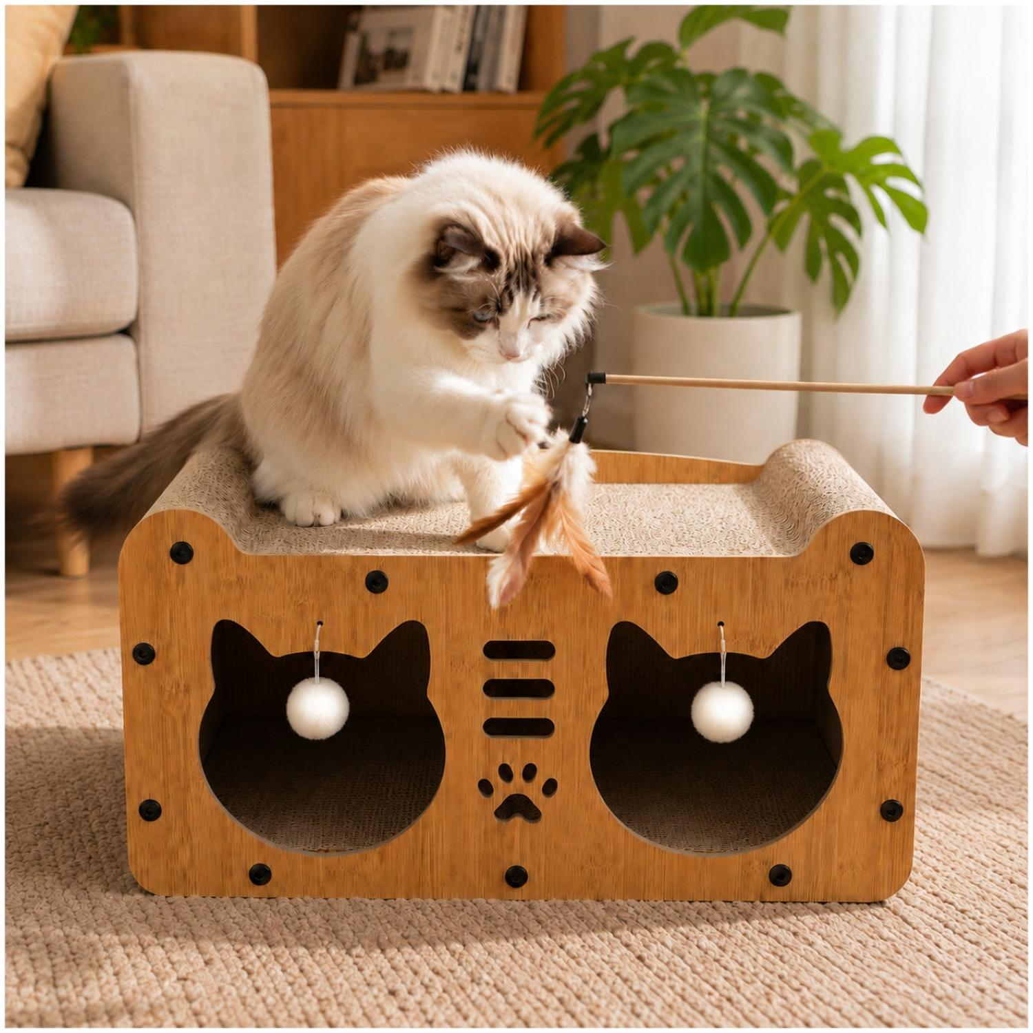 CASA RASCADOR PARA GATOS 2 EN 1 CON CAMA Y REFUGIO ACABADO TIPO BAMBÚ 27X51CM - 2