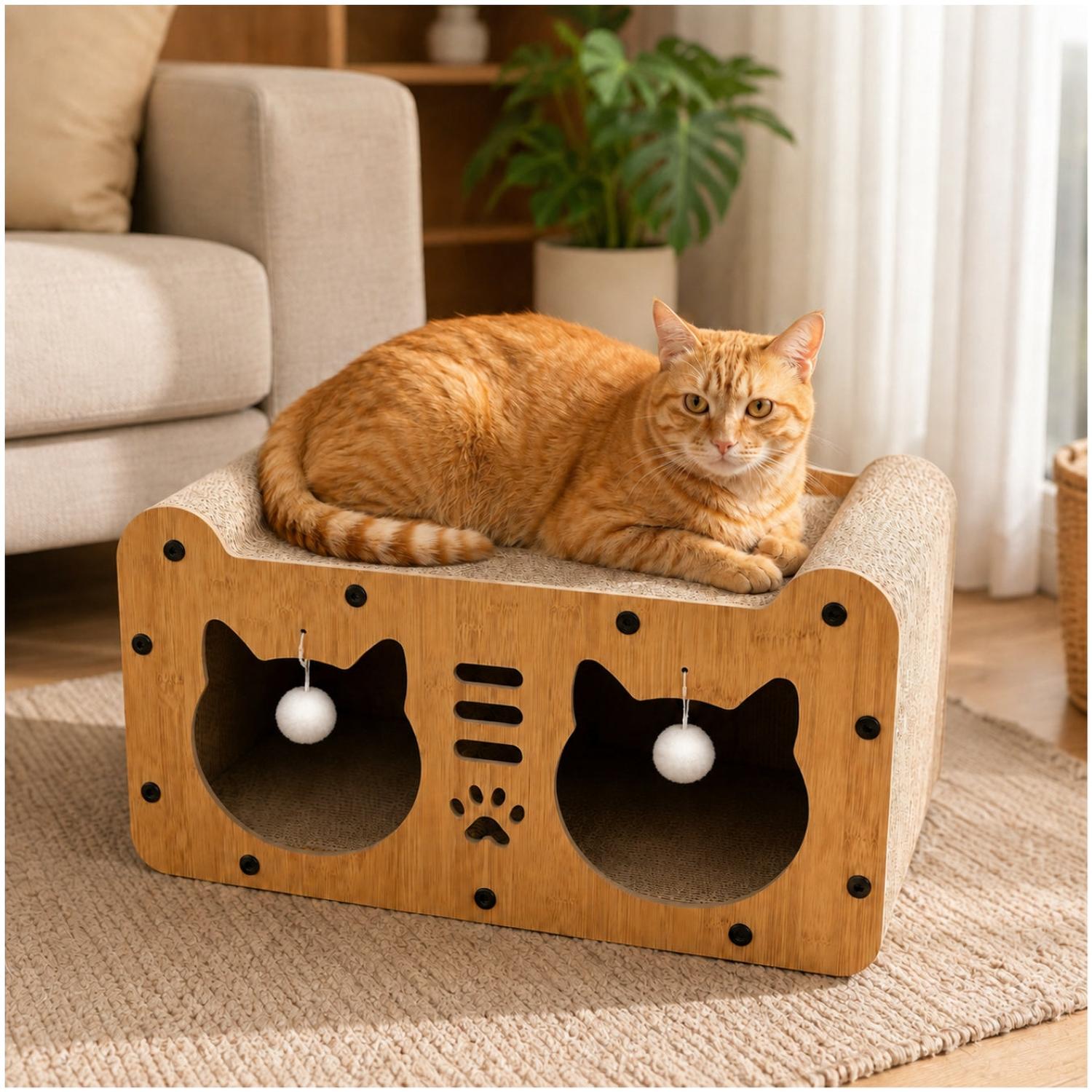 CASA RASCADOR PARA GATOS 2 EN 1 CON CAMA Y REFUGIO ACABADO TIPO BAMBÚ 27X51CM - 3