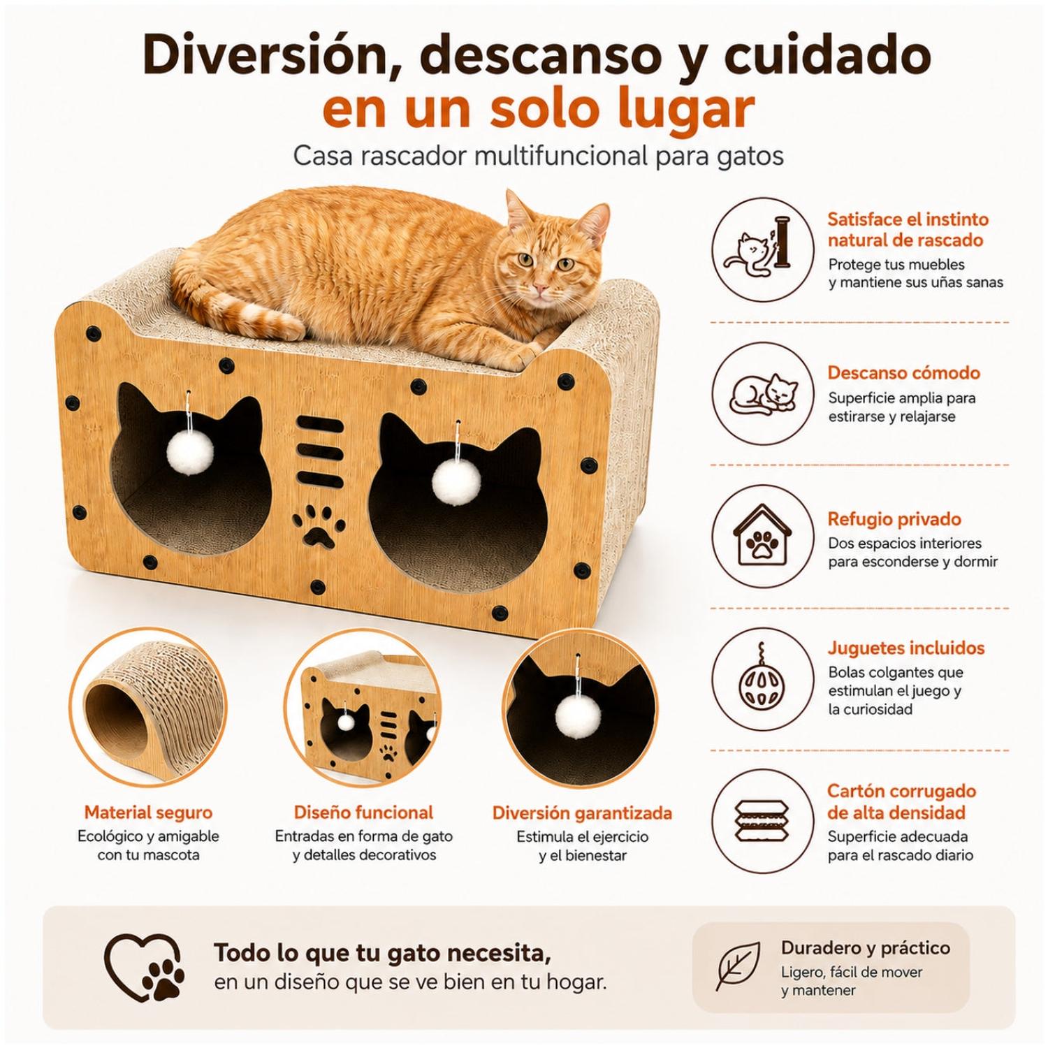 CASA RASCADOR PARA GATOS 2 EN 1 CON CAMA Y REFUGIO ACABADO TIPO BAMBÚ 27X51CM - 4