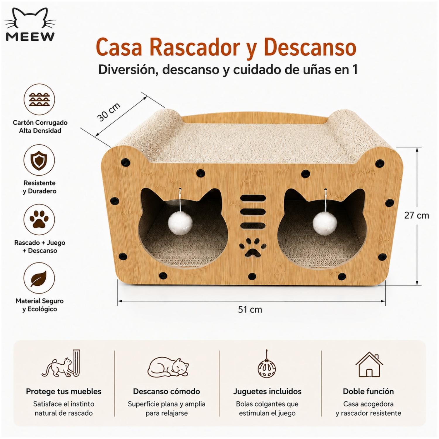 CASA RASCADOR PARA GATOS 2 EN 1 CON CAMA Y REFUGIO ACABADO TIPO BAMBÚ 27X51CM - 5