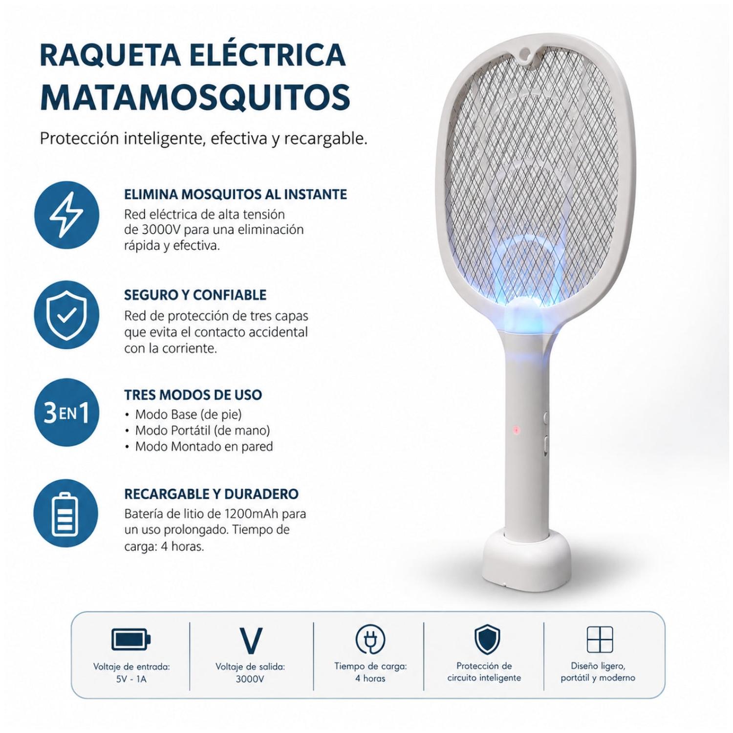 RAQUETA ELÉCTRICA MATAMOSQUITOS 3 EN 1 RECARGABLE 3000V CON BASE Y LUZ ATRAPA INSECTOS - 2