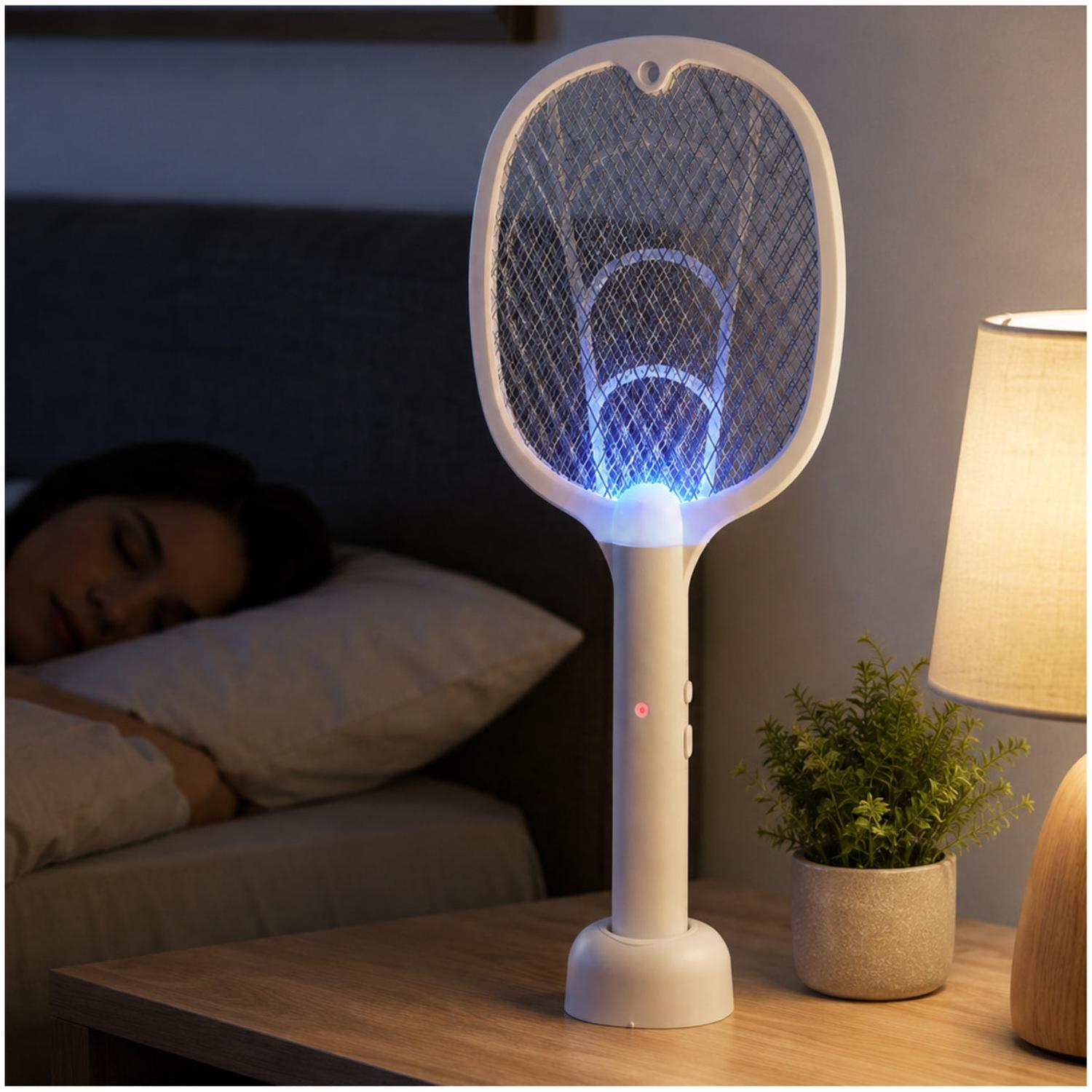 RAQUETA ELÉCTRICA MATAMOSQUITOS 3 EN 1 RECARGABLE 3000V CON BASE Y LUZ ATRAPA INSECTOS - 3
