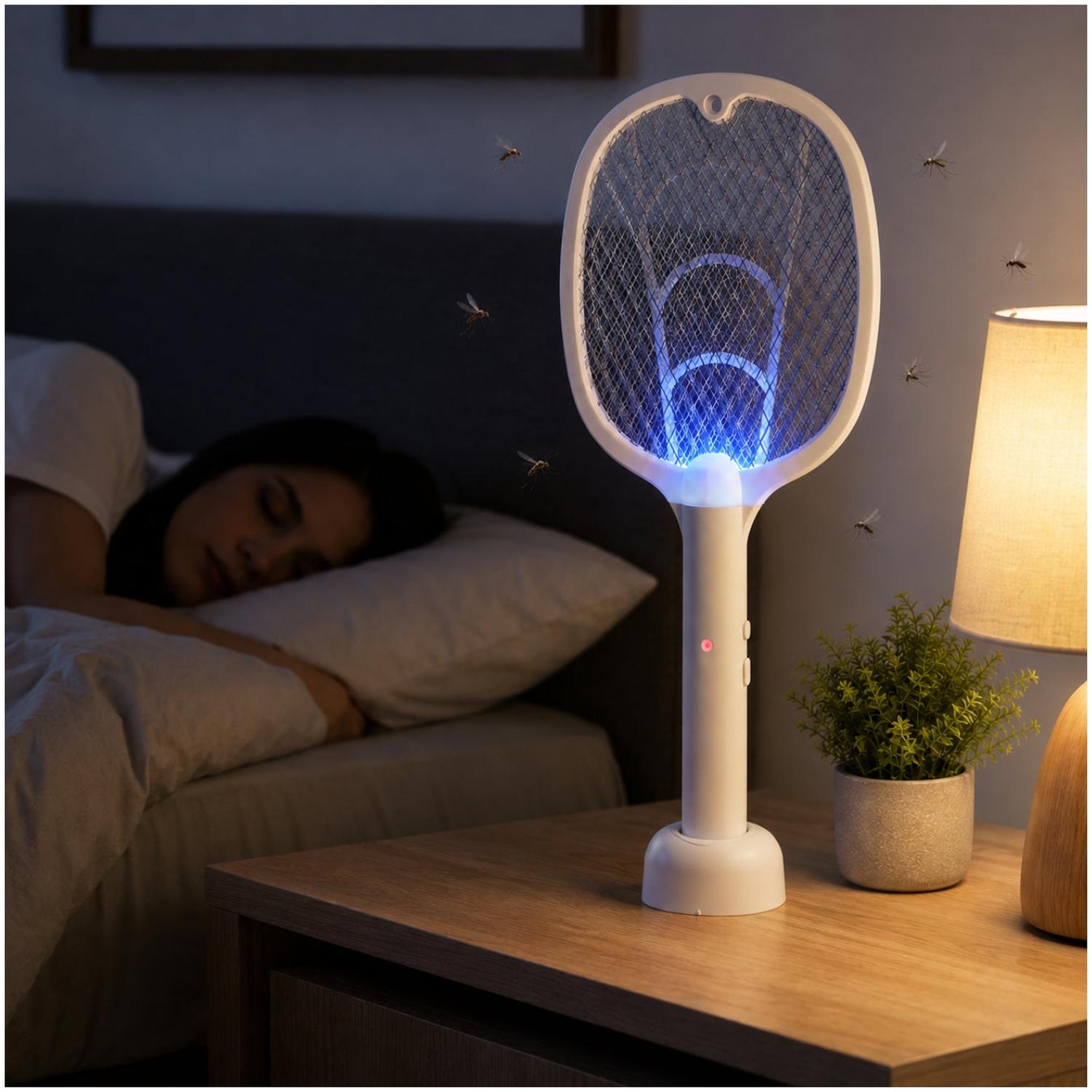 RAQUETA ELÉCTRICA MATAMOSQUITOS 3 EN 1 RECARGABLE 3000V CON BASE Y LUZ ATRAPA INSECTOS - 4
