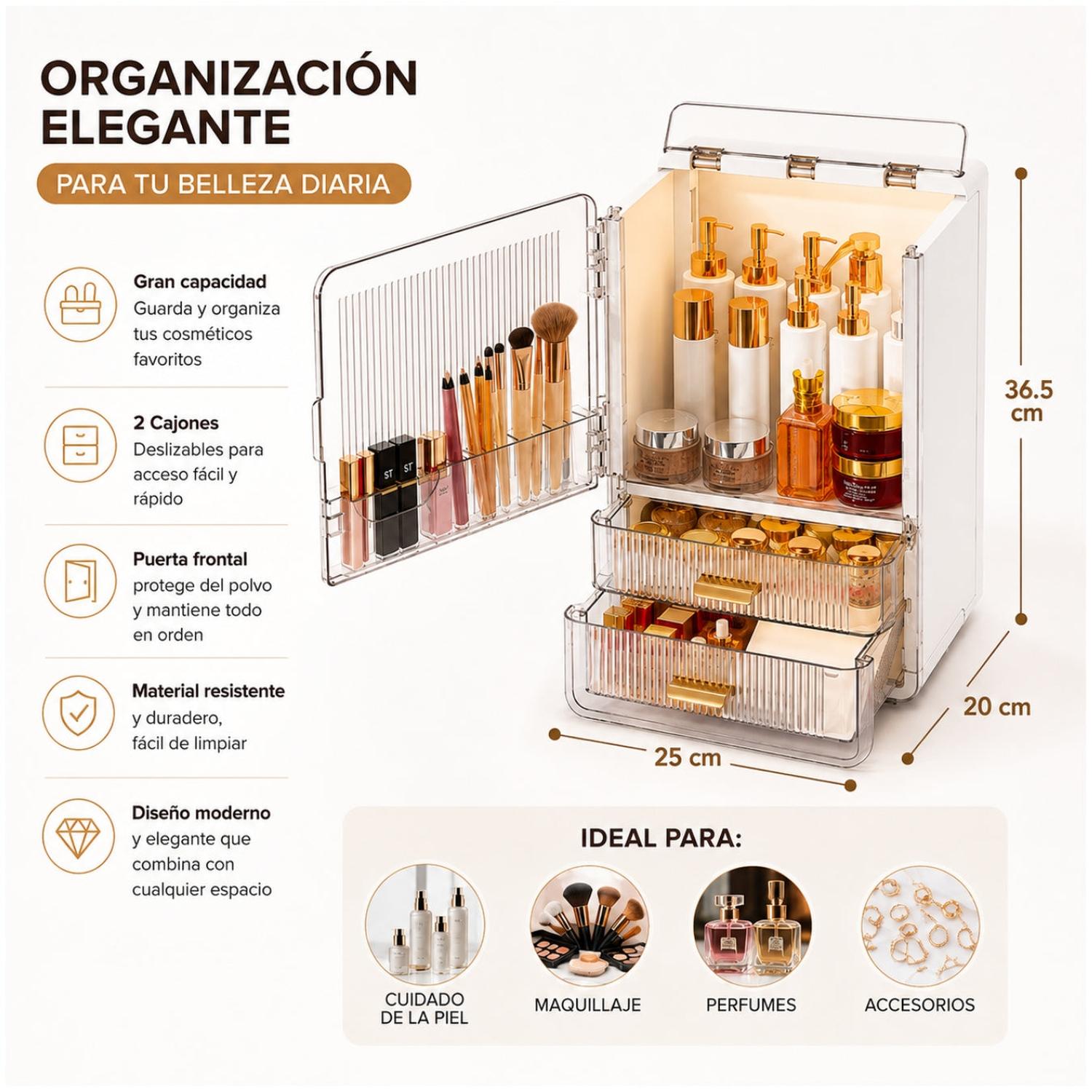 ORGANIZADOR DE MAQUILLAJE Y COSMÉTICOS DE ACRÍLICO GRAN CAPACIDAD 2 CAJONES - 3