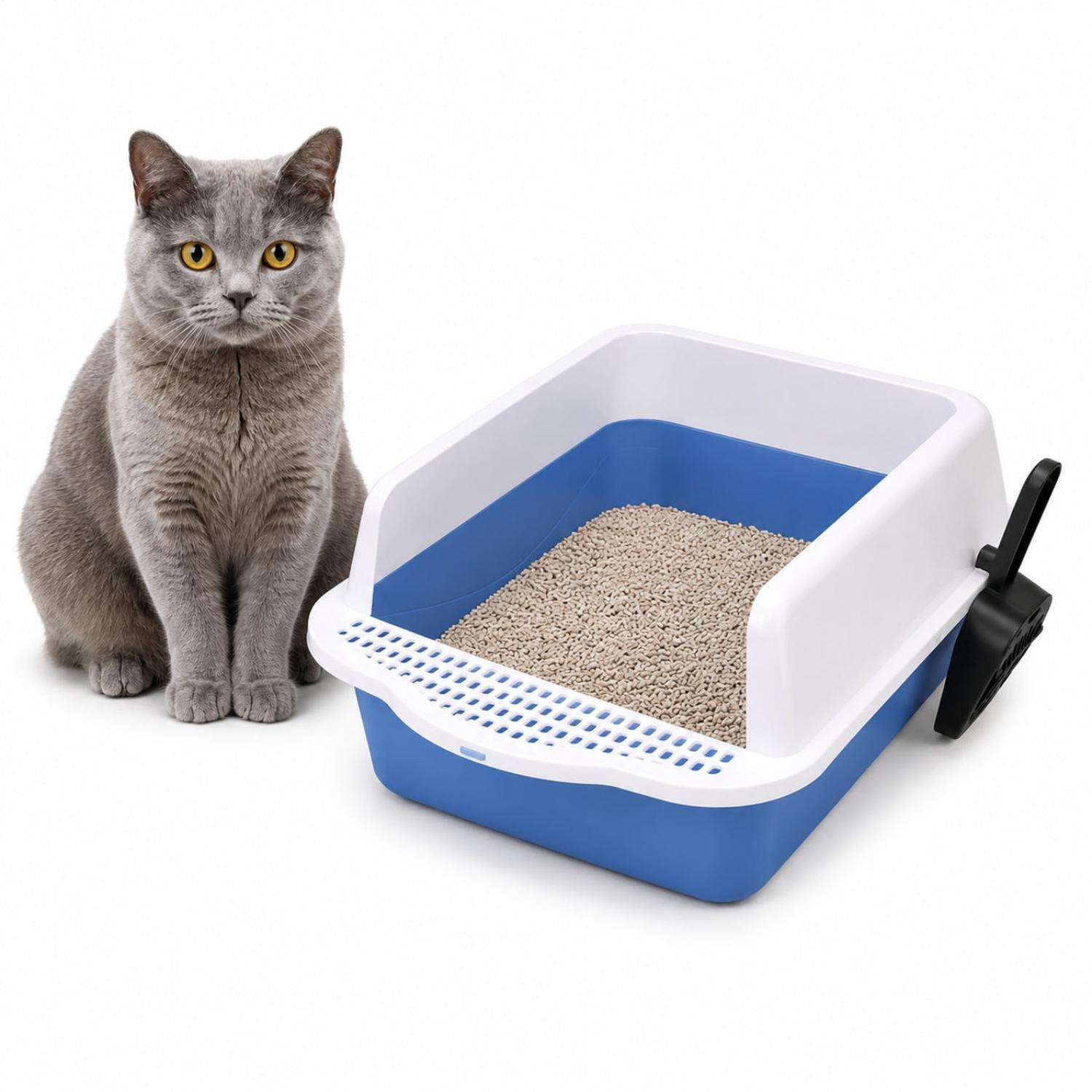 CAJA DE ARENA ARENERO SANITARIO PARA GATO ANTIDERRAMES CON PALA 21X37X50CM AZUL TAMAÑO M - 1