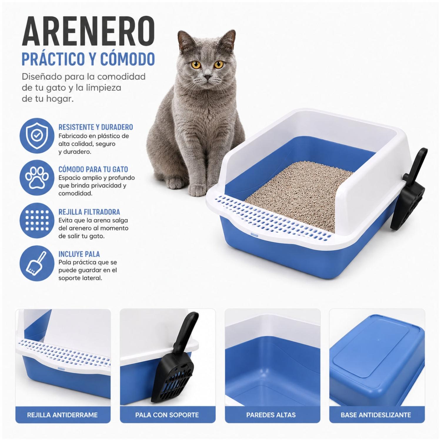 CAJA DE ARENA ARENERO SANITARIO PARA GATO ANTIDERRAMES CON PALA 21X37X50CM AZUL TAMAÑO M - 3