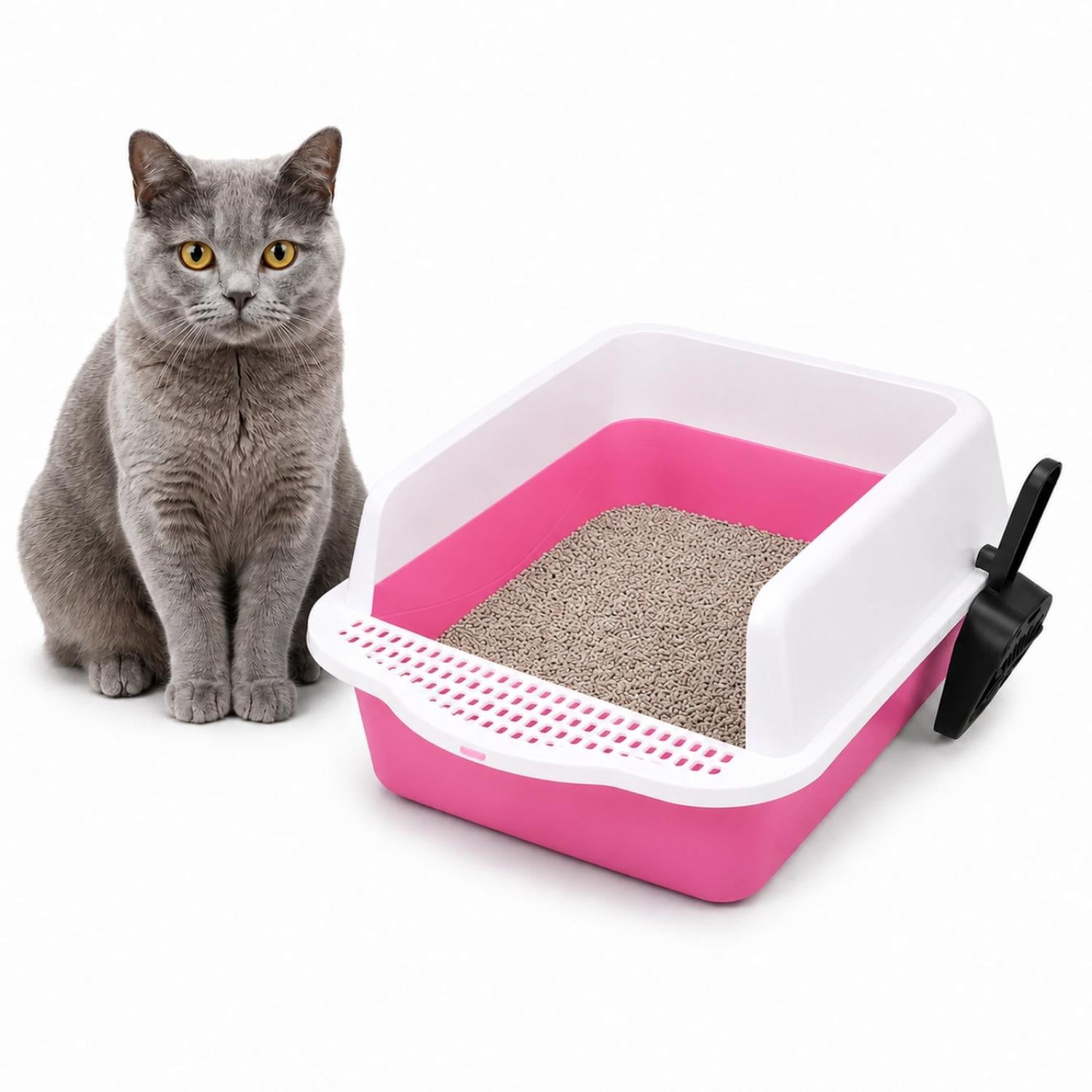 CAJA DE ARENA ARENERO SANITARIO PARA GATO ANTIDERRAMES CON PALA 21X37X50CM ROSA TAMAÑO M - 1