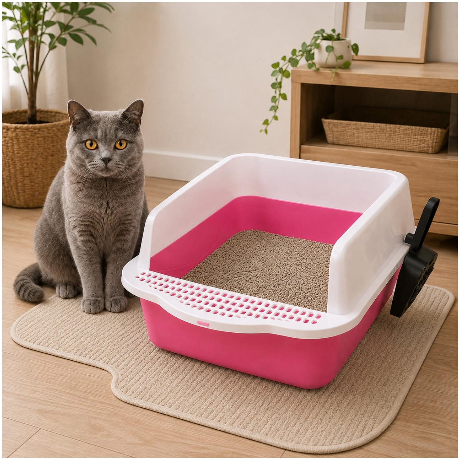 CAJA DE ARENA ARENERO SANITARIO PARA GATO ANTIDERRAMES CON PALA 21X37X50CM ROSA TAMAÑO M - 2