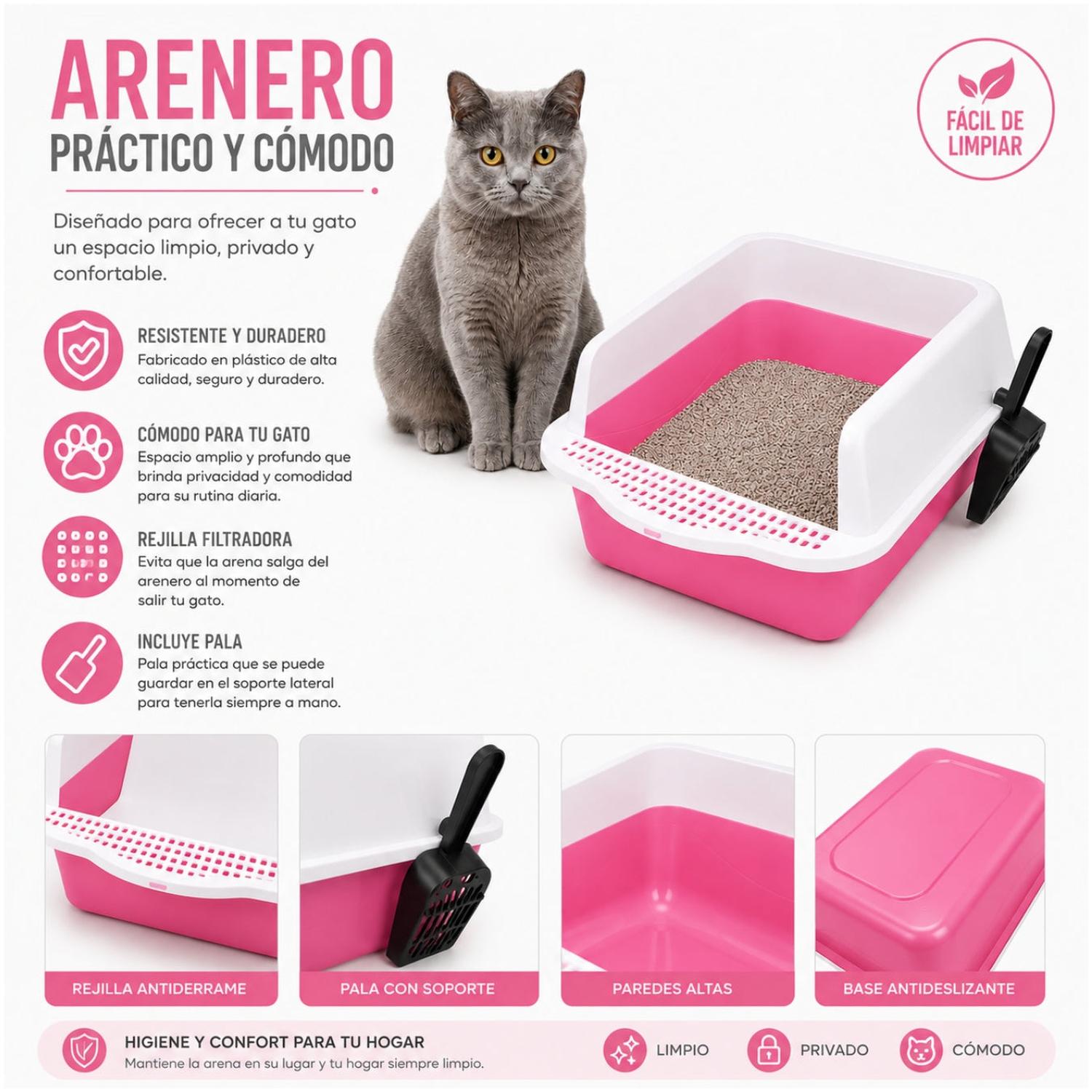 CAJA DE ARENA ARENERO SANITARIO PARA GATO ANTIDERRAMES CON PALA 21X37X50CM ROSA TAMAÑO M - 3
