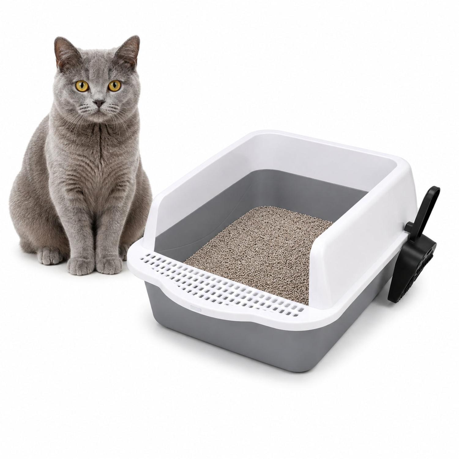 CAJA DE ARENA ARENERO SANITARIO PARA GATO ANTIDERRAMES CON PALA 21X37X50CM GRIS OSCURO TAMAÑO M - 1