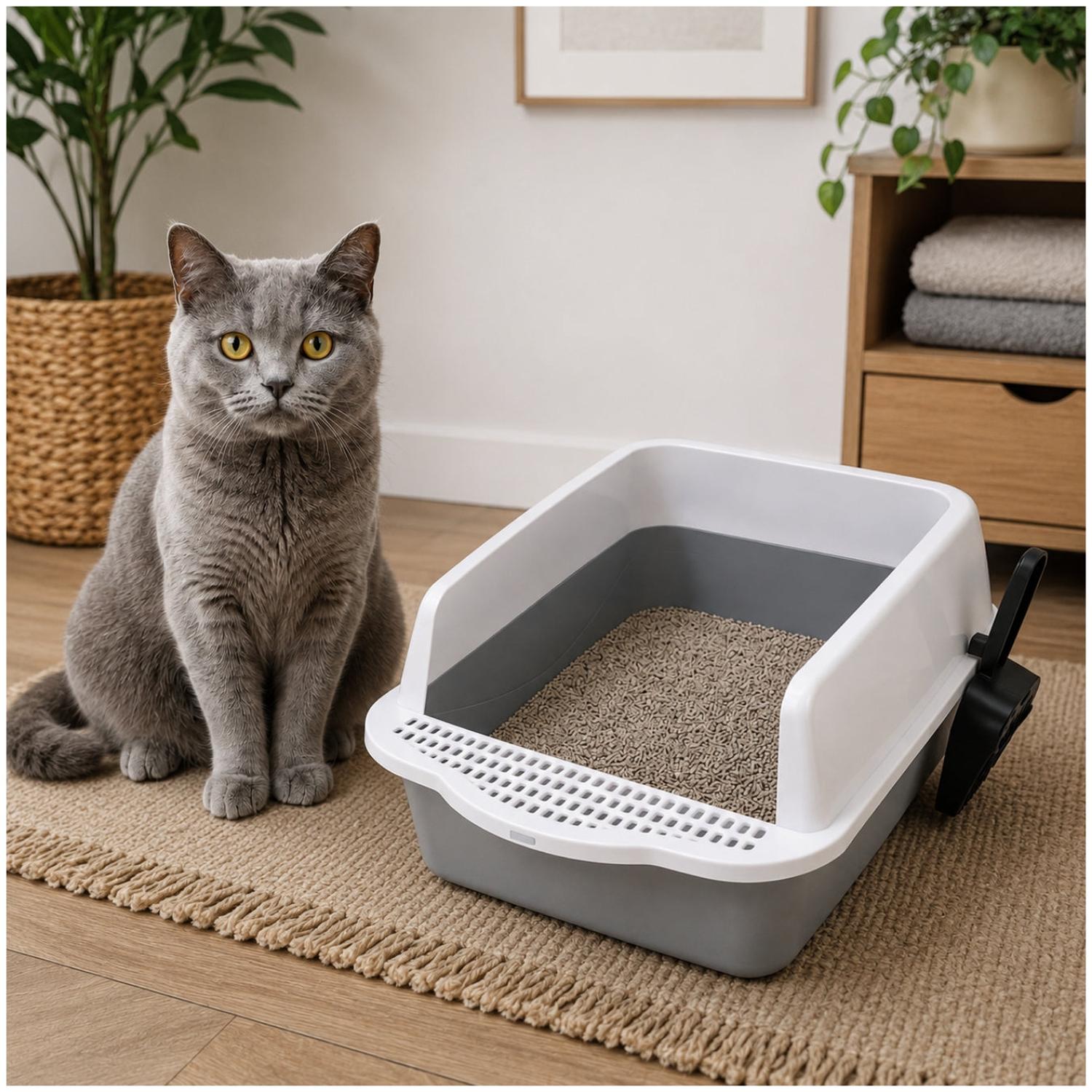 CAJA DE ARENA ARENERO SANITARIO PARA GATO ANTIDERRAMES CON PALA 21X37X50CM GRIS OSCURO TAMAÑO M - 2