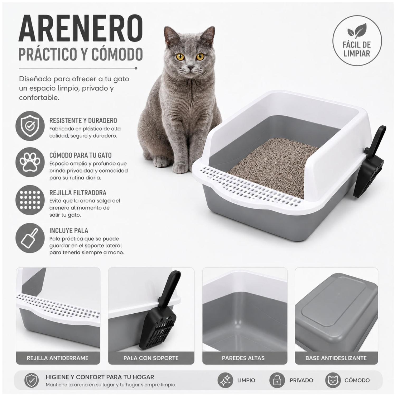 CAJA DE ARENA ARENERO SANITARIO PARA GATO ANTIDERRAMES CON PALA 21X37X50CM GRIS OSCURO TAMAÑO M - 3