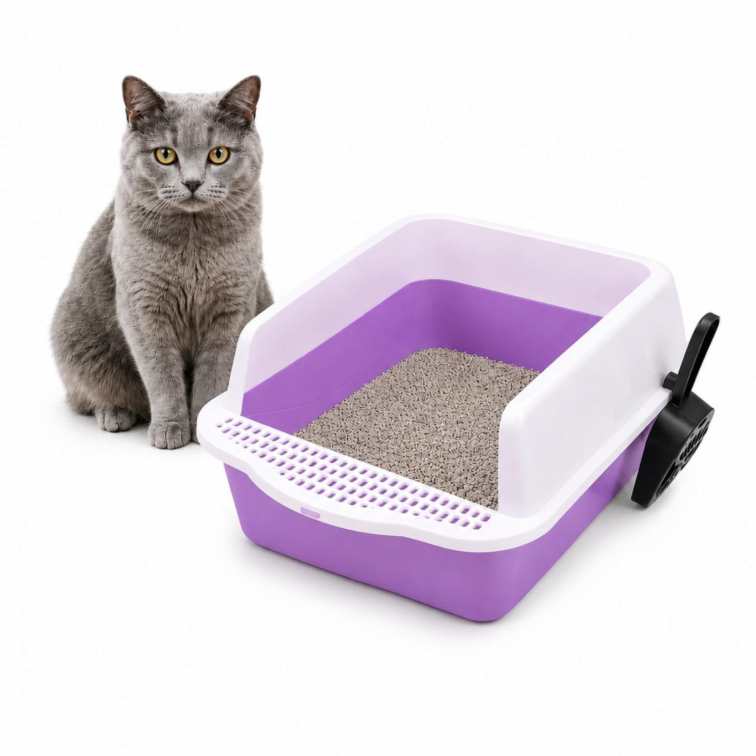 CAJA DE ARENA ARENERO SANITARIO PARA GATO ANTIDERRAMES CON PALA 21X37X50CM PURPURA TAMAÑO M - 1
