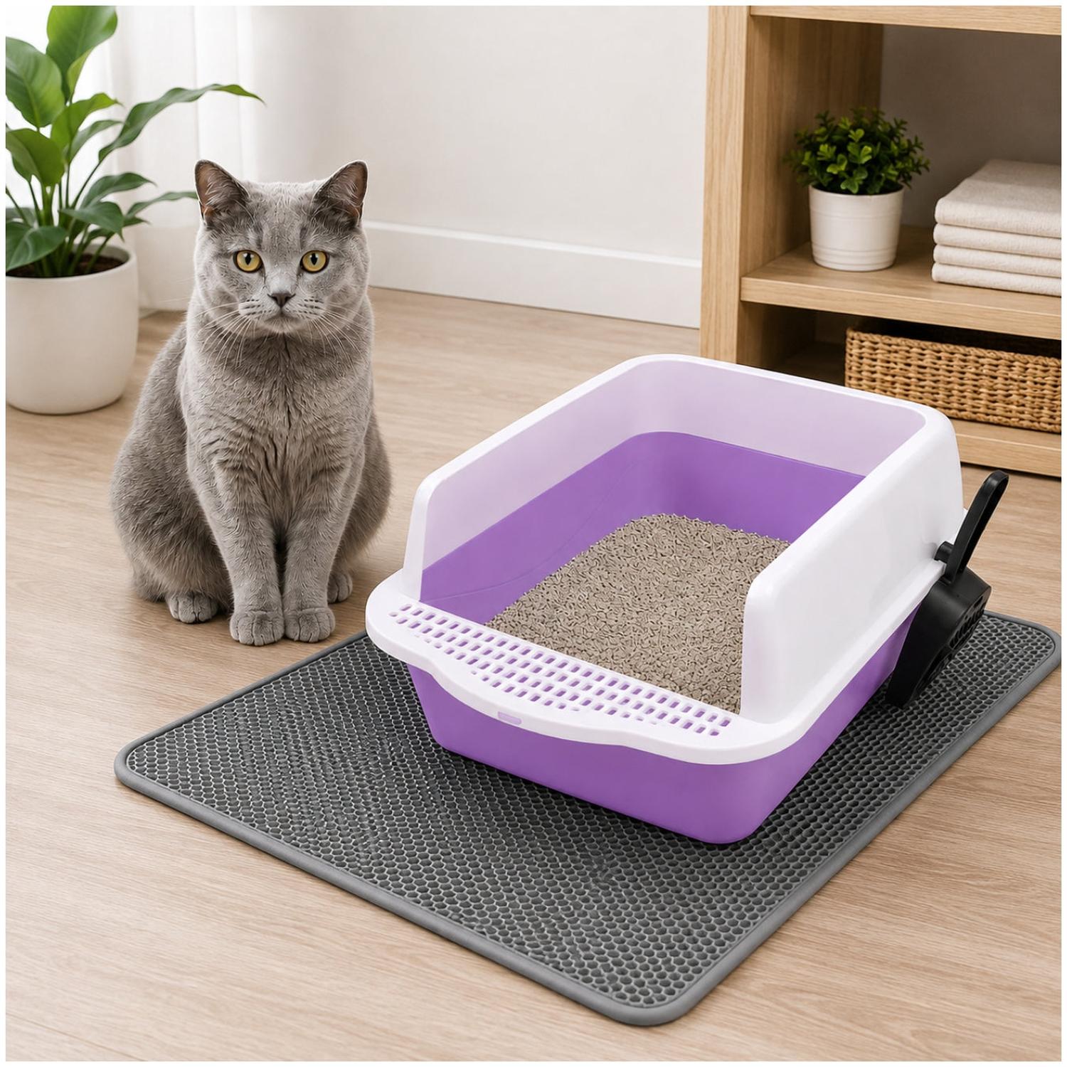 CAJA DE ARENA ARENERO SANITARIO PARA GATO ANTIDERRAMES CON PALA 21X37X50CM PURPURA TAMAÑO M - 2