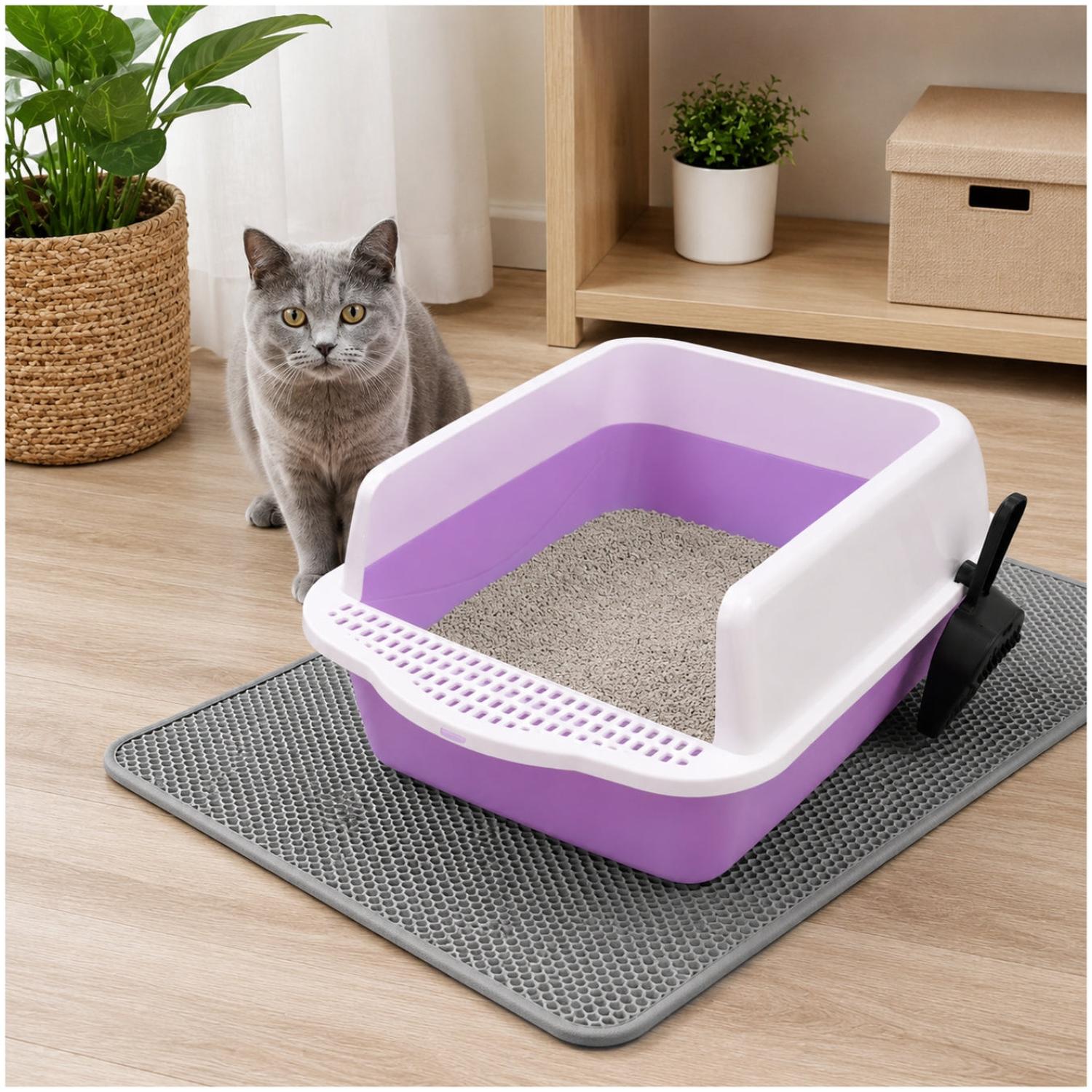 CAJA DE ARENA ARENERO SANITARIO PARA GATO ANTIDERRAMES CON PALA 21X37X50CM PURPURA TAMAÑO M - 3