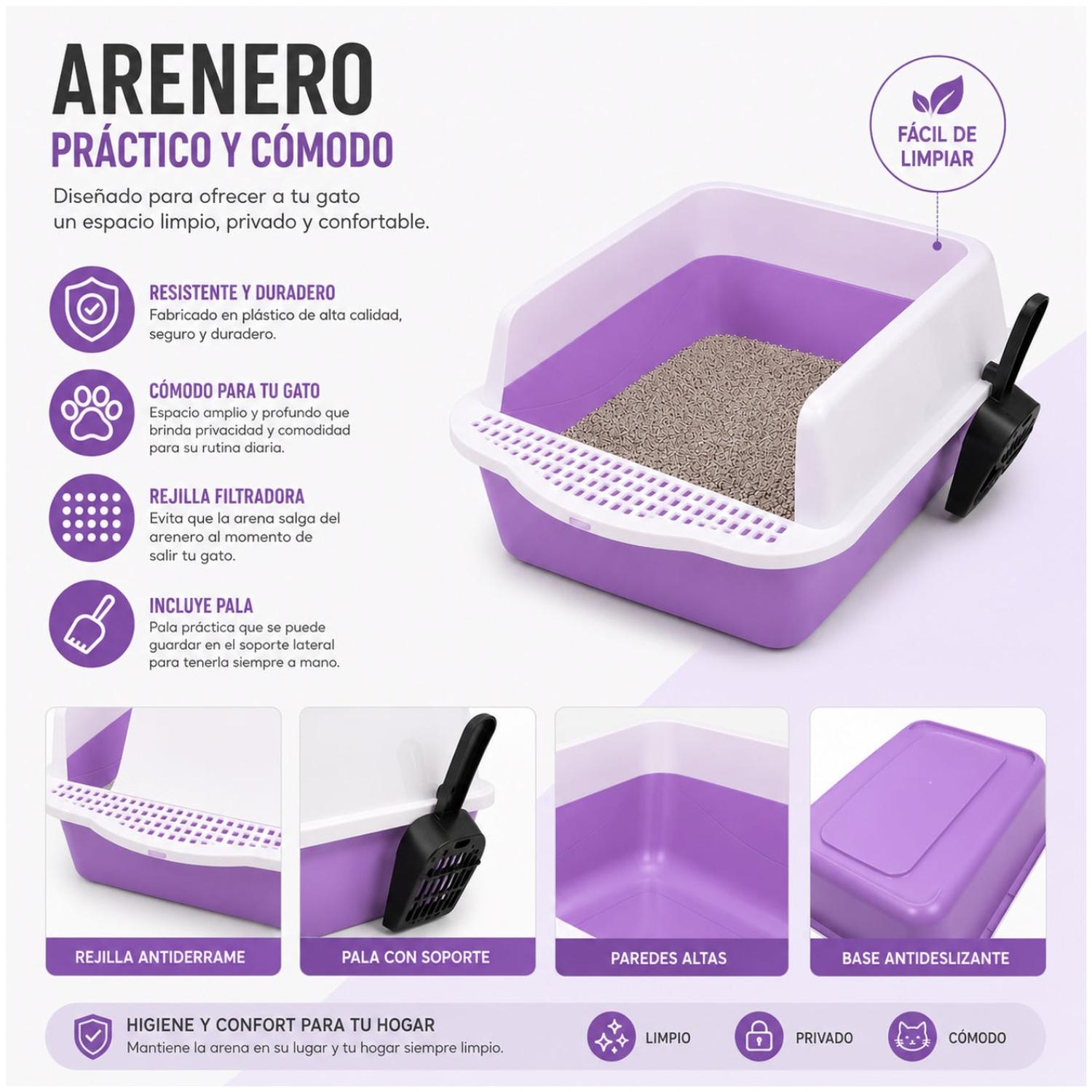 CAJA DE ARENA ARENERO SANITARIO PARA GATO ANTIDERRAMES CON PALA 21X37X50CM PURPURA TAMAÑO M - 5