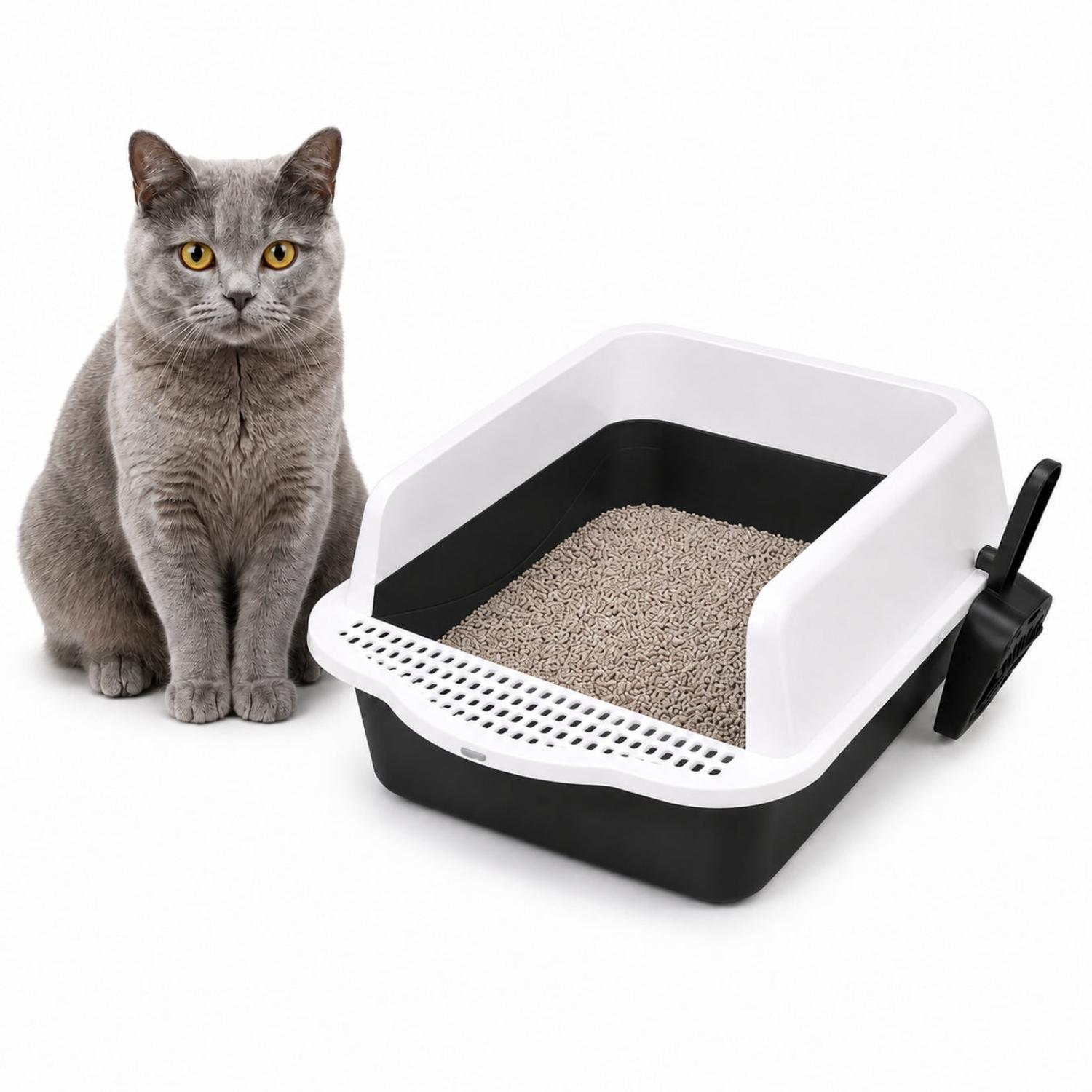 CAJA DE ARENA ARENERO SANITARIO PARA GATO ANTIDERRAMES CON PALA 21X37X50CM NEGRO TAMAÑO M - 1