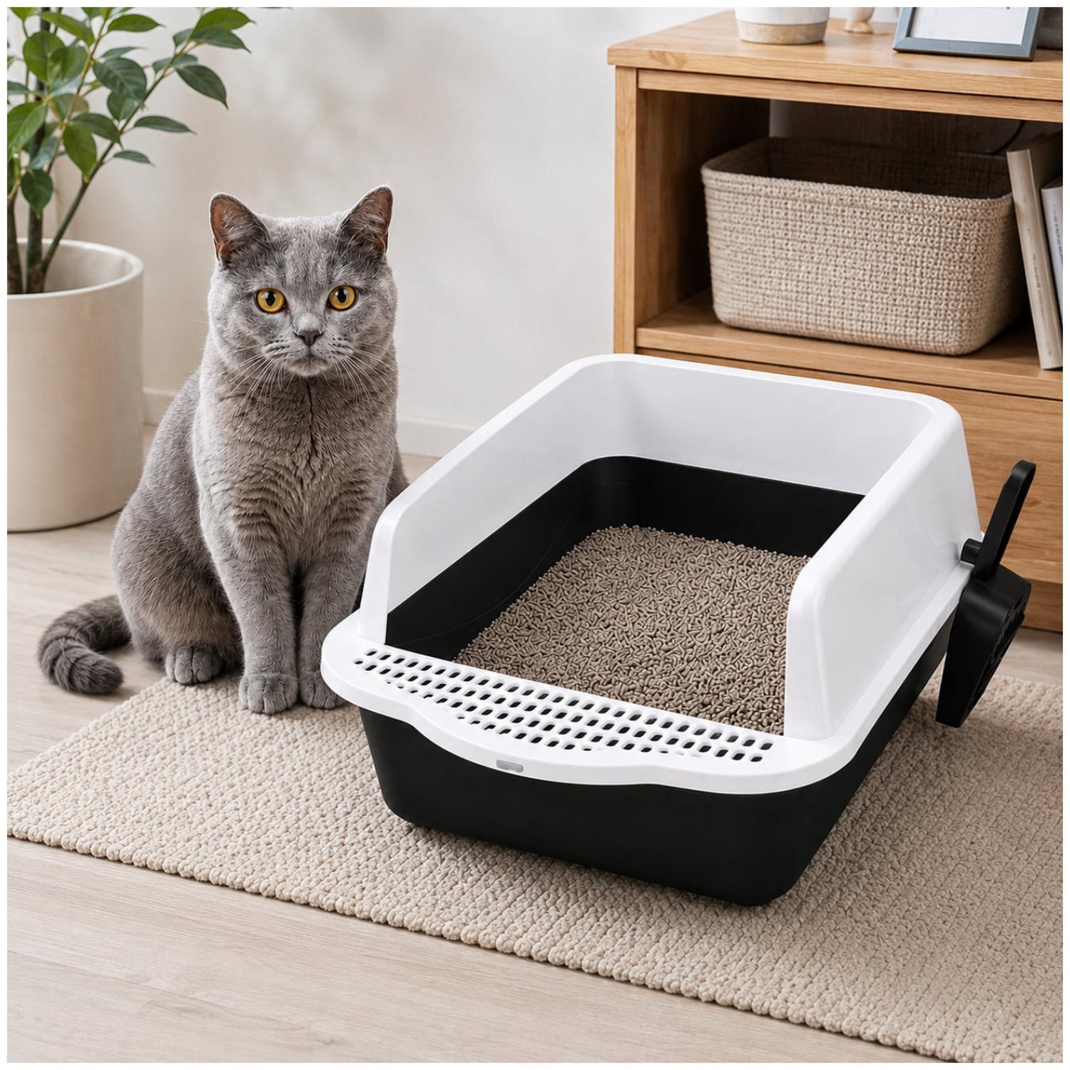CAJA DE ARENA ARENERO SANITARIO PARA GATO ANTIDERRAMES CON PALA 21X37X50CM NEGRO TAMAÑO M - 2