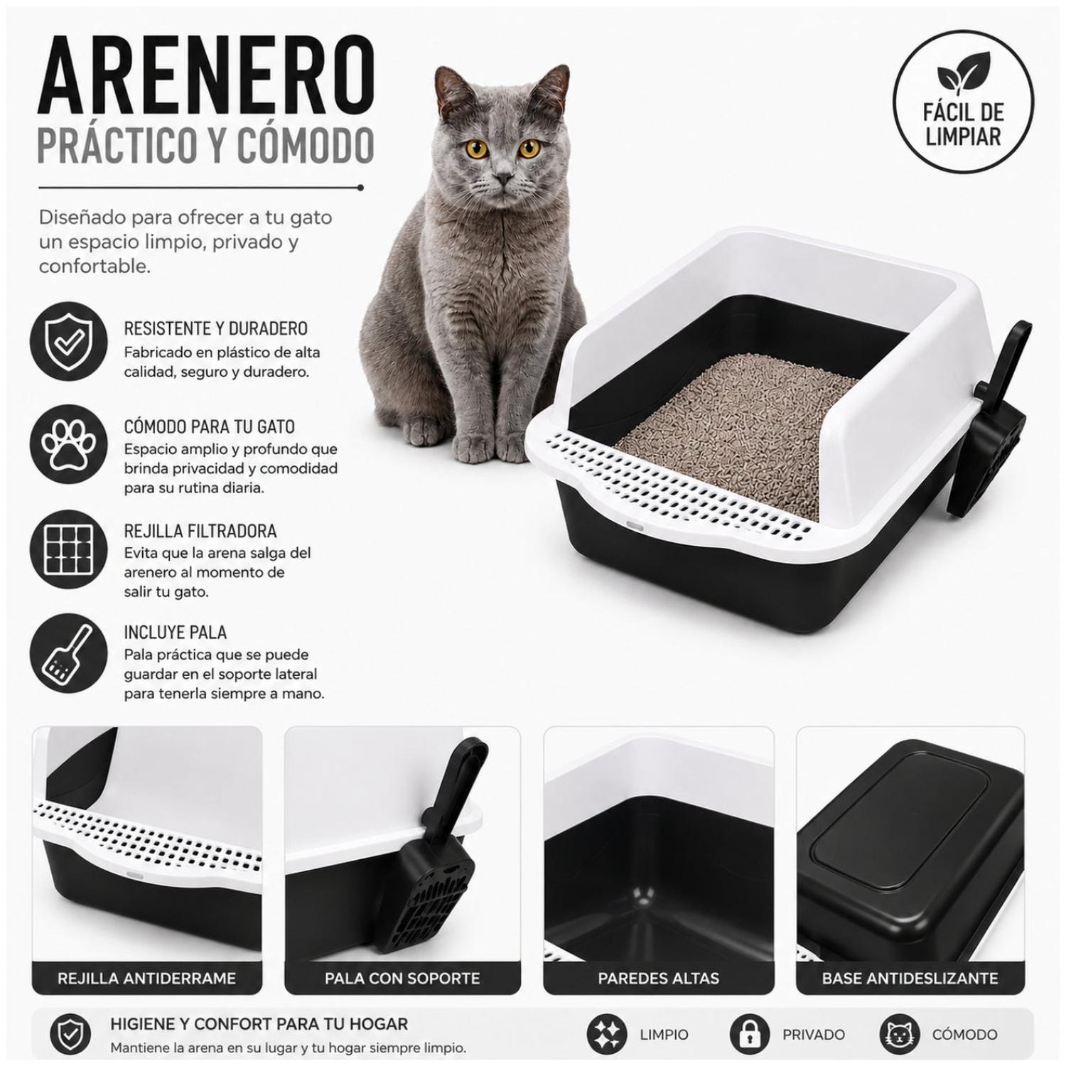 CAJA DE ARENA ARENERO SANITARIO PARA GATO ANTIDERRAMES CON PALA 21X37X50CM NEGRO TAMAÑO M - 3
