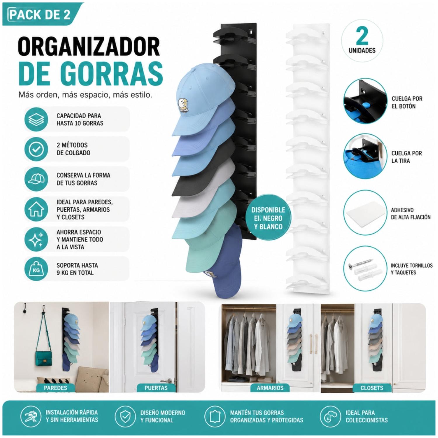 PACK X2 ORGANIZADOR PARA 20 GORRAS DE PARED SOPORTE VERTICAL PERCHERO EXHIBIDOR CLOSET - 2