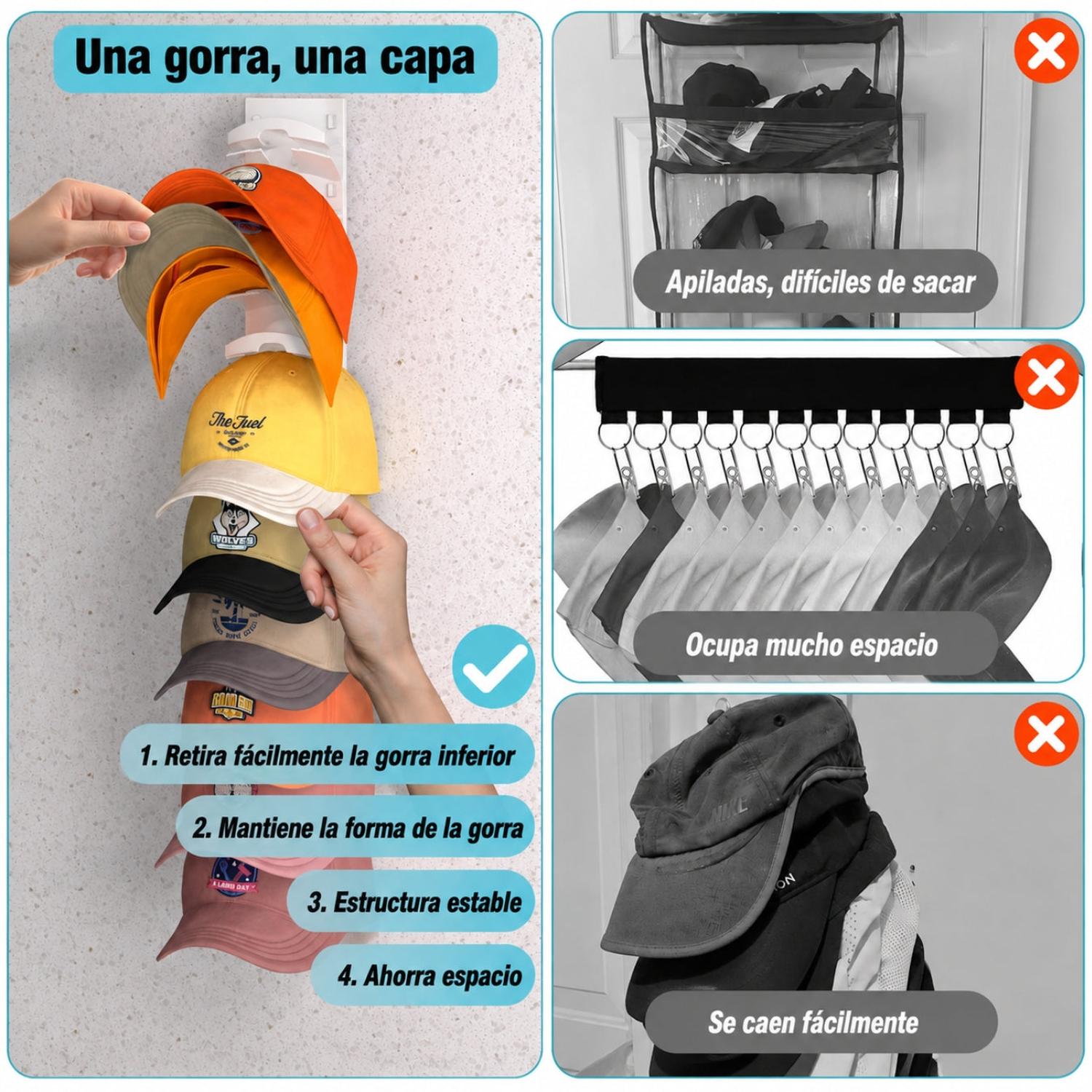 PACK X2 ORGANIZADOR PARA 20 GORRAS DE PARED SOPORTE VERTICAL PERCHERO EXHIBIDOR CLOSET - 5