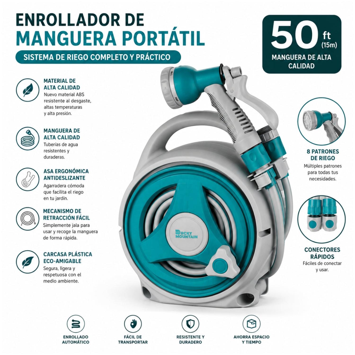 MANGUERA PORTÁTIL CON ENROLLADOR AUTOMÁTICO ROCKY MOUNTAIN 15M CON PISTOLA 8 EN 1 - 3