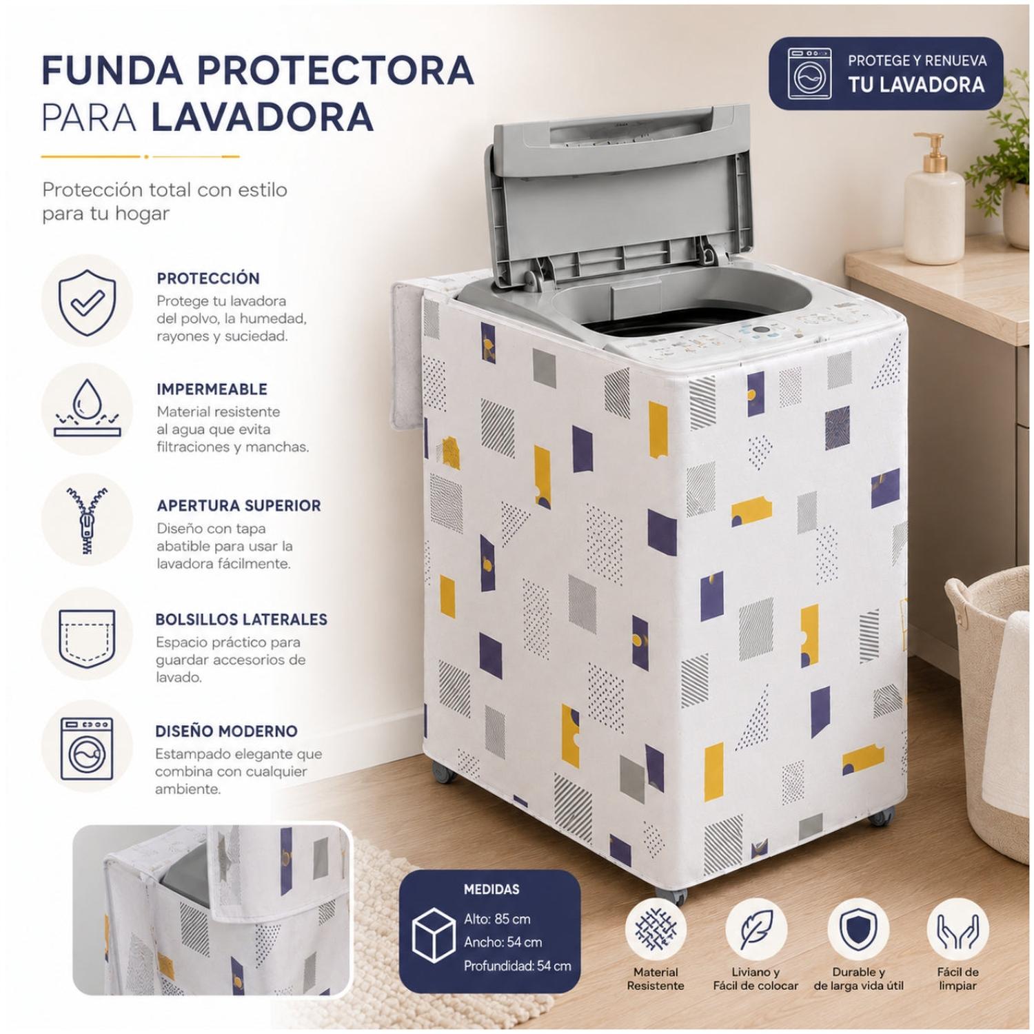 FUNDA PROTECTORA FORRO IMPERMEABLE PARA LAVADORA DISEÑO CUADROS 85X54X54CM - 2