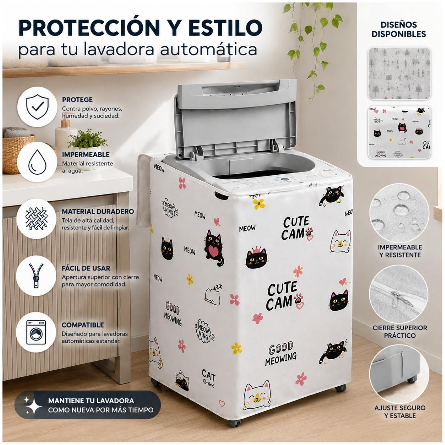 FUNDA PROTECTORA FORRO IMPERMEABLE PARA LAVADORA DISEÑO GATO 85X54X54CM - 2