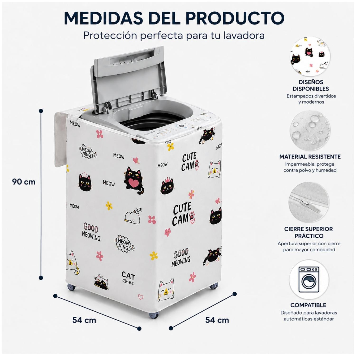 FUNDA PROTECTORA FORRO IMPERMEABLE PARA LAVADORA DISEÑO GATO 85X54X54CM - 3