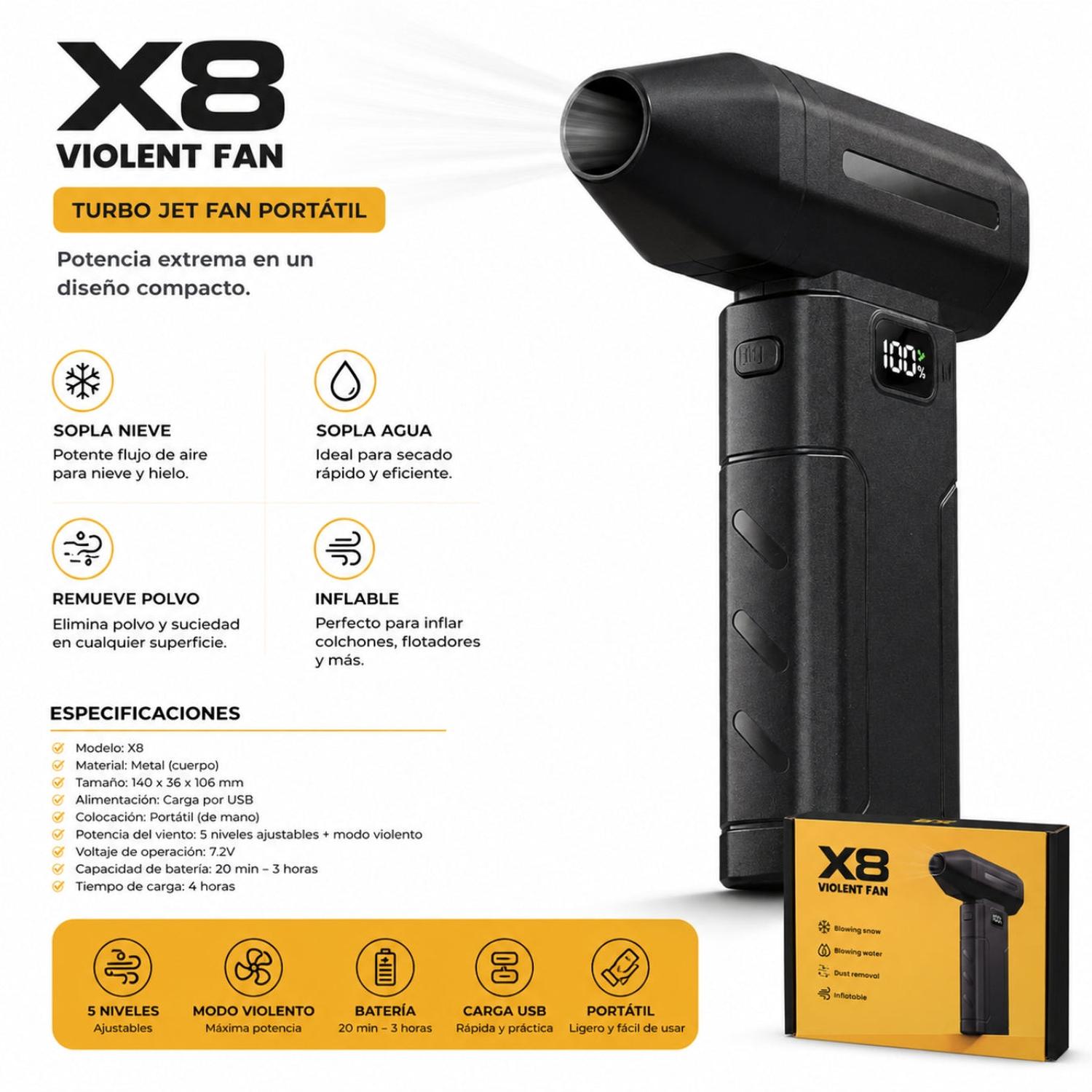 SOPLADOR TURBO PORTÁTIL X8 RECARGABLE USB 5 NIVELES DE POTENCIA PANTALLA DIGITAL - 2