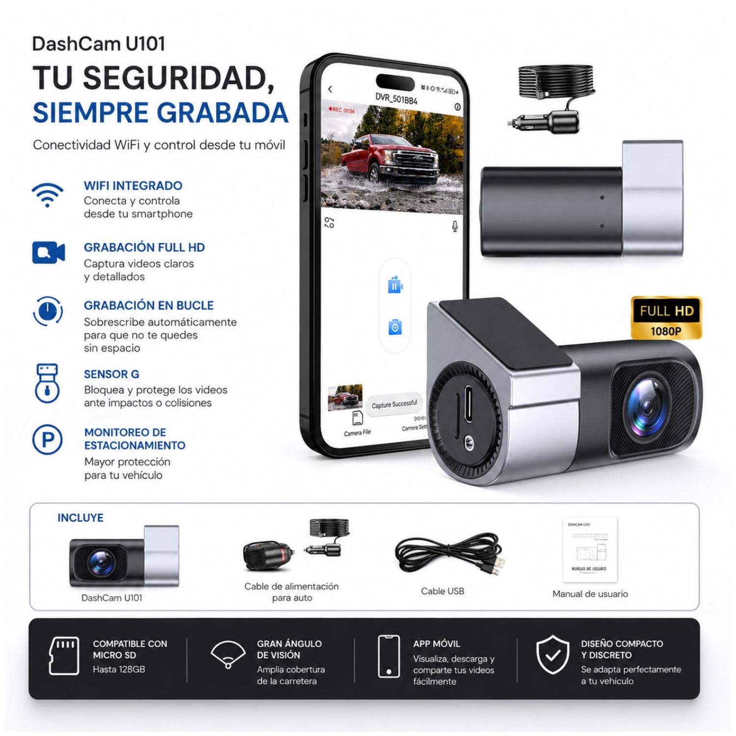 CÁMARA DASHCAM WIFI U101 FULL HD PARA AUTO CON APP SENSOR G GRABACIÓN EN BUCLE - 5