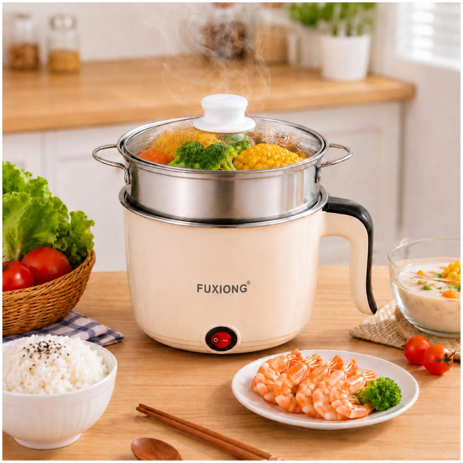 MINI OLLA ELÉCTRICA MULTIUSOS FUXIONG 1L PORTÁTIL DE 600W CON VAPORERA ACERO INOX TAMAÑO M - 1