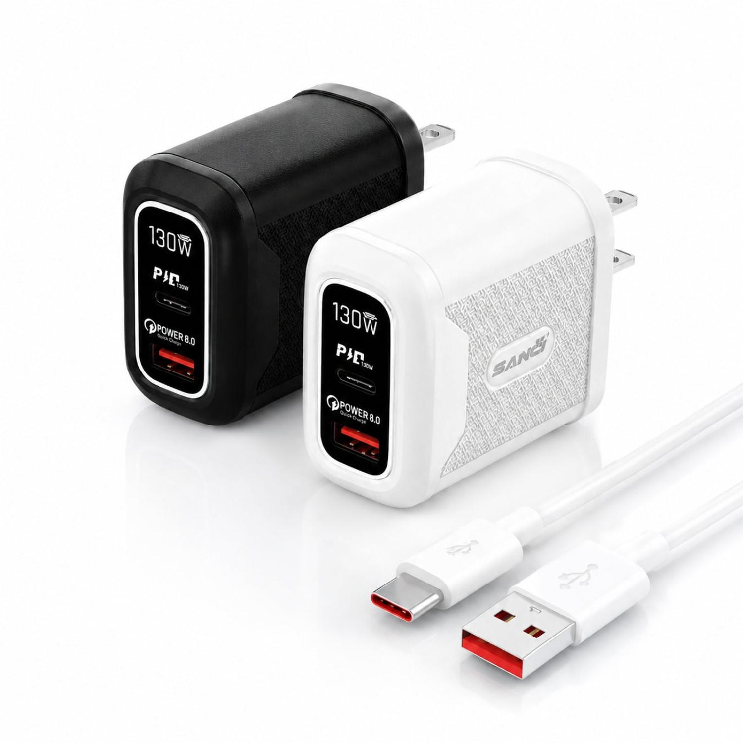 CARGADOR SANCI 130W CARGA SÚPER RÁPIDA PD 8.0 + USB-C Y USB-A CON CABLE - 1