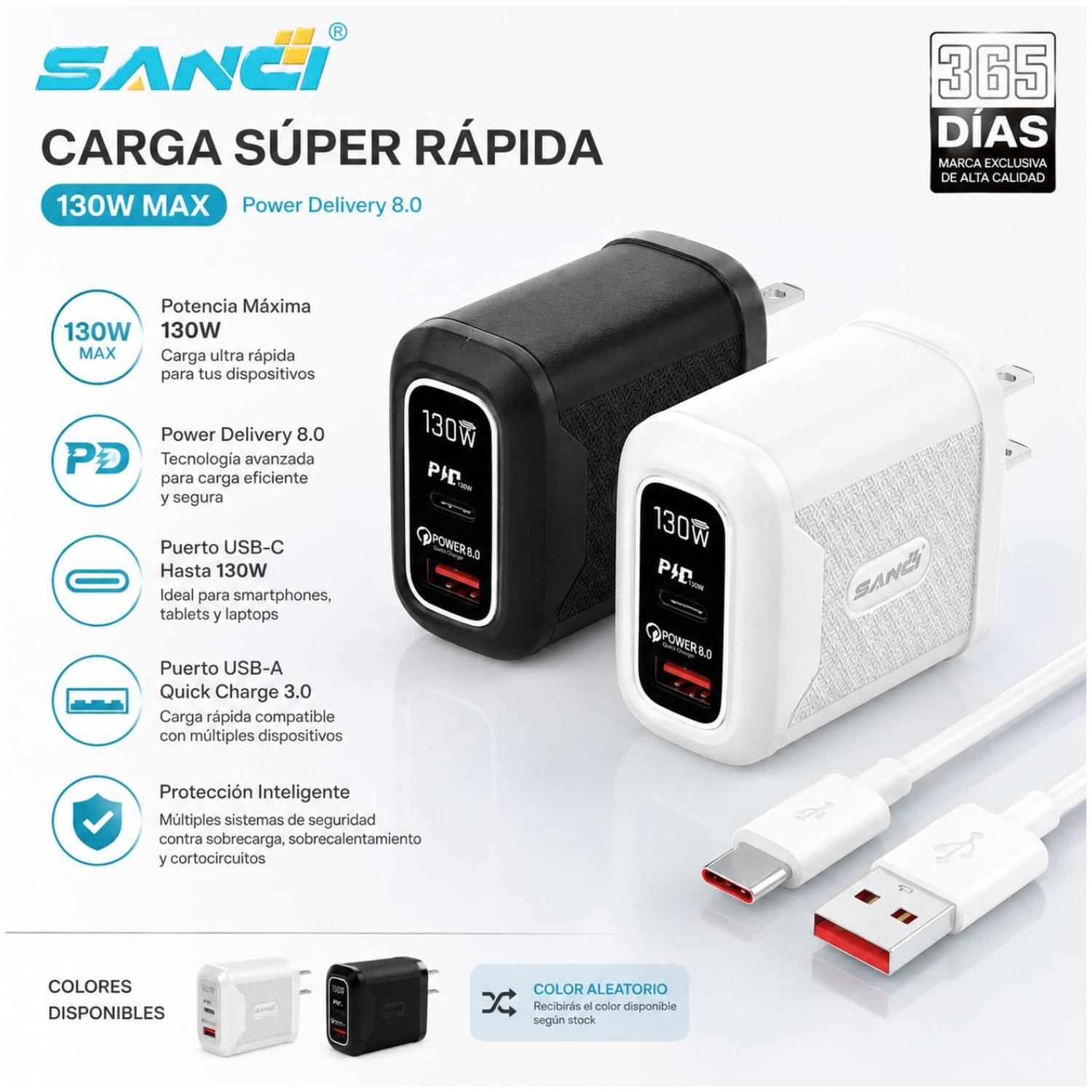 CARGADOR SANCI 130W CARGA SÚPER RÁPIDA PD 8.0 + USB-C Y USB-A CON CABLE - 2