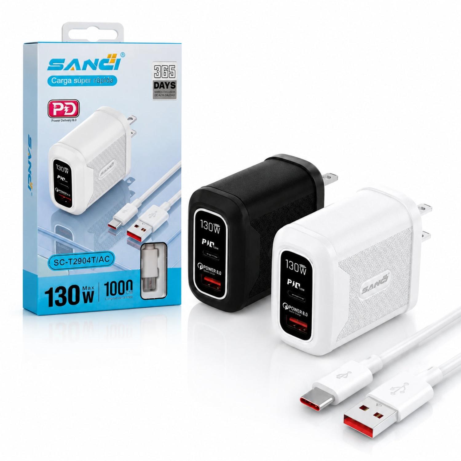 CARGADOR SANCI 130W CARGA SÚPER RÁPIDA PD 8.0 + USB-C Y USB-A CON CABLE - 3