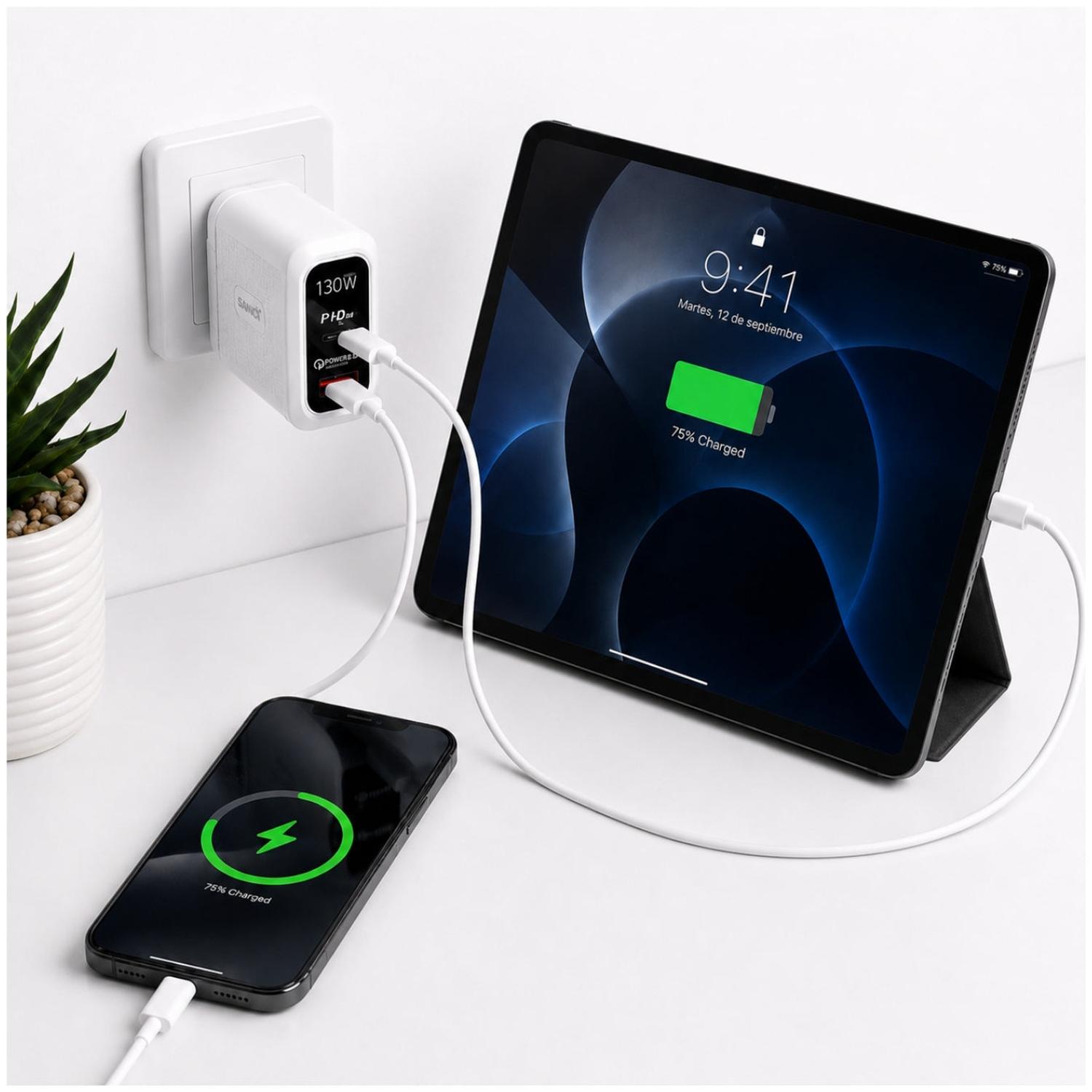 CARGADOR SANCI 130W CARGA SÚPER RÁPIDA PD 8.0 + USB-C Y USB-A CON CABLE - 4