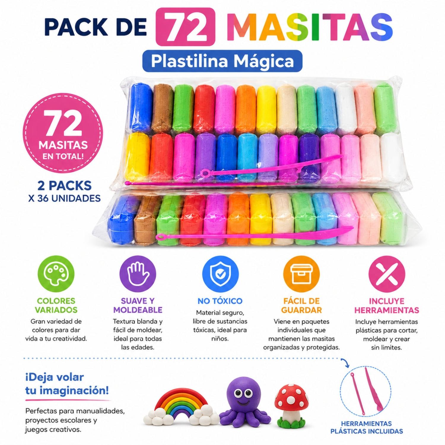 PACK X72 MASAS PLASTILINA COLORES VARIADOS CON HERRAMIENTAS PARA MOLDEAR - 2