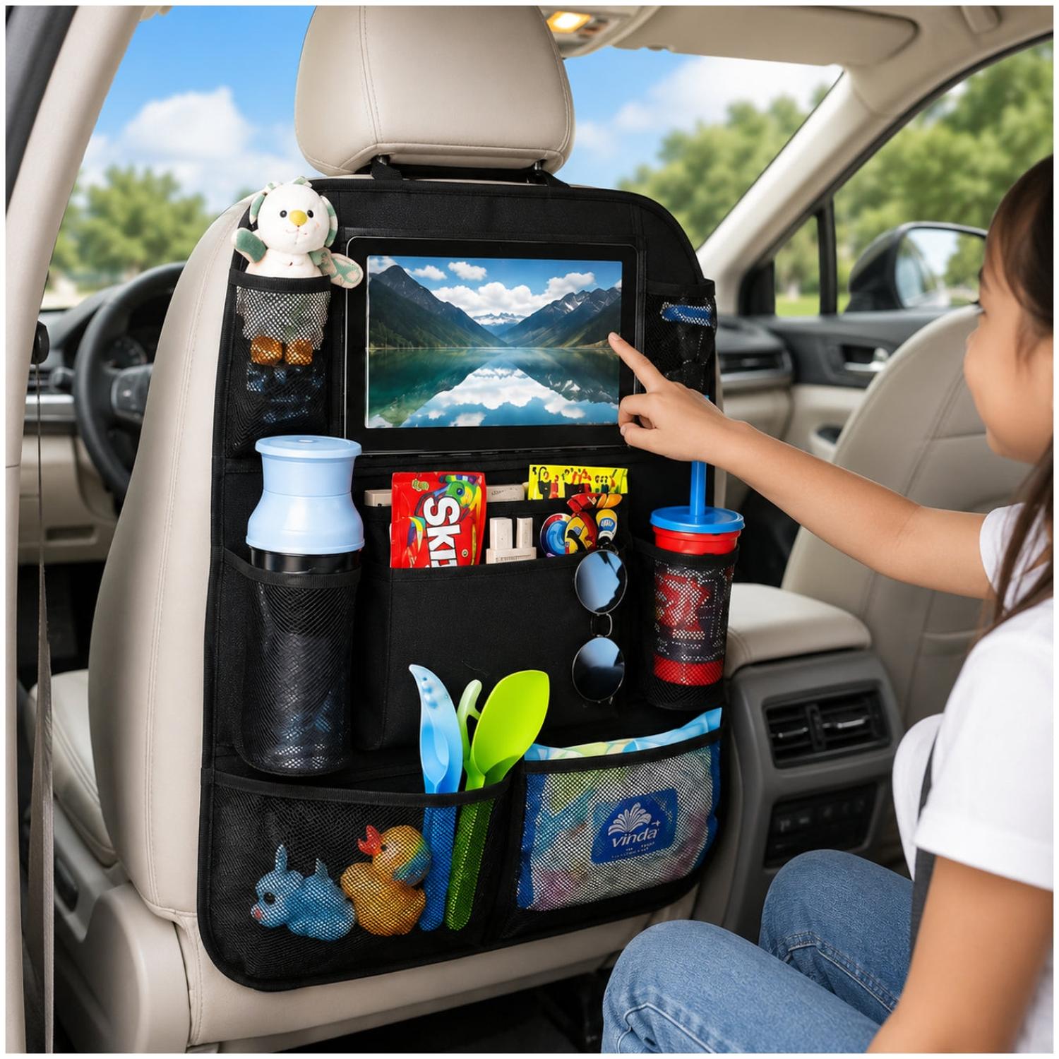 ORGANIZADOR MULTIFUNCIONAL PARA ASIENTO DE AUTO CON PORTA TABLET Y MÚLTIPLES BOLSILLOS - 1
