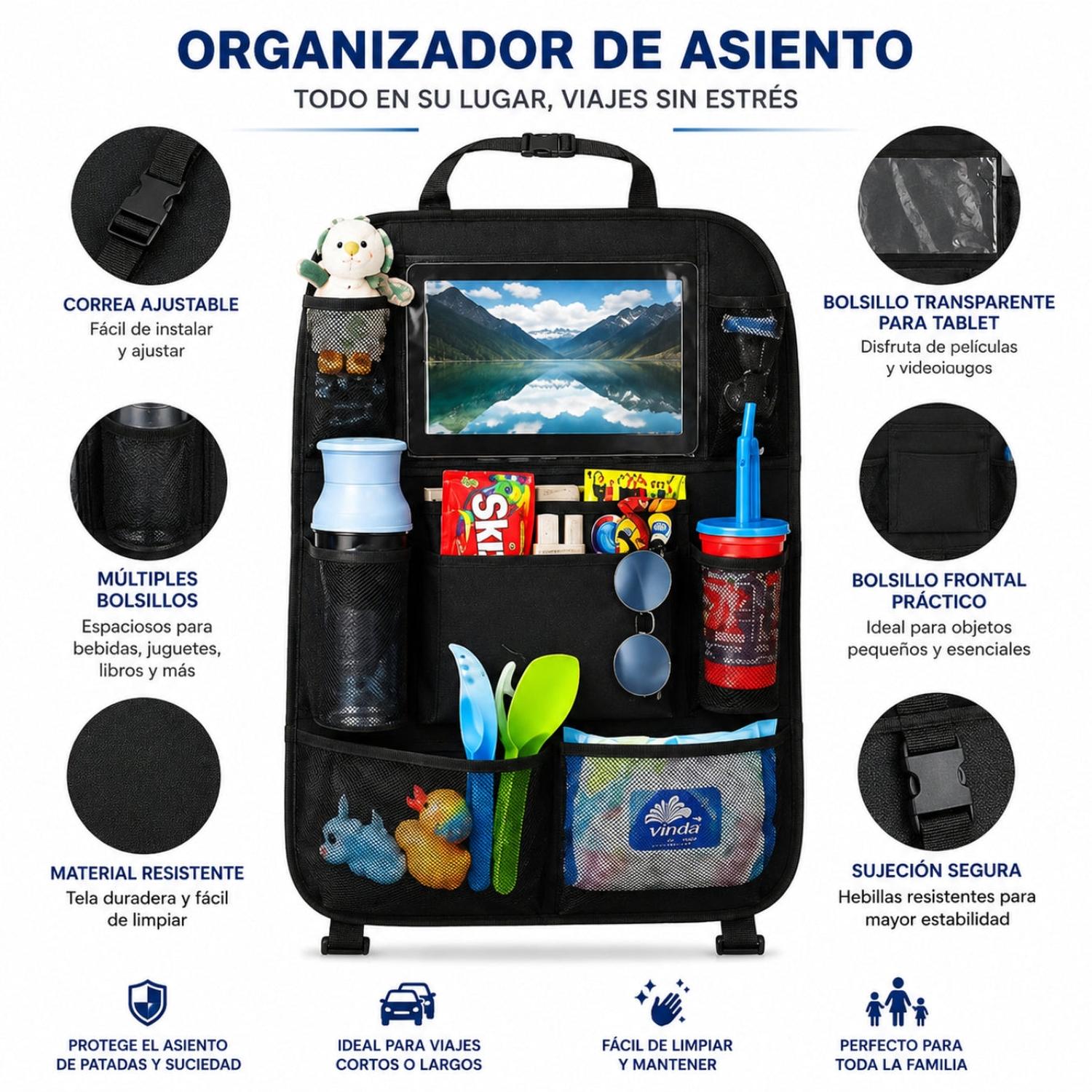 ORGANIZADOR MULTIFUNCIONAL PARA ASIENTO DE AUTO CON PORTA TABLET Y MÚLTIPLES BOLSILLOS - 2