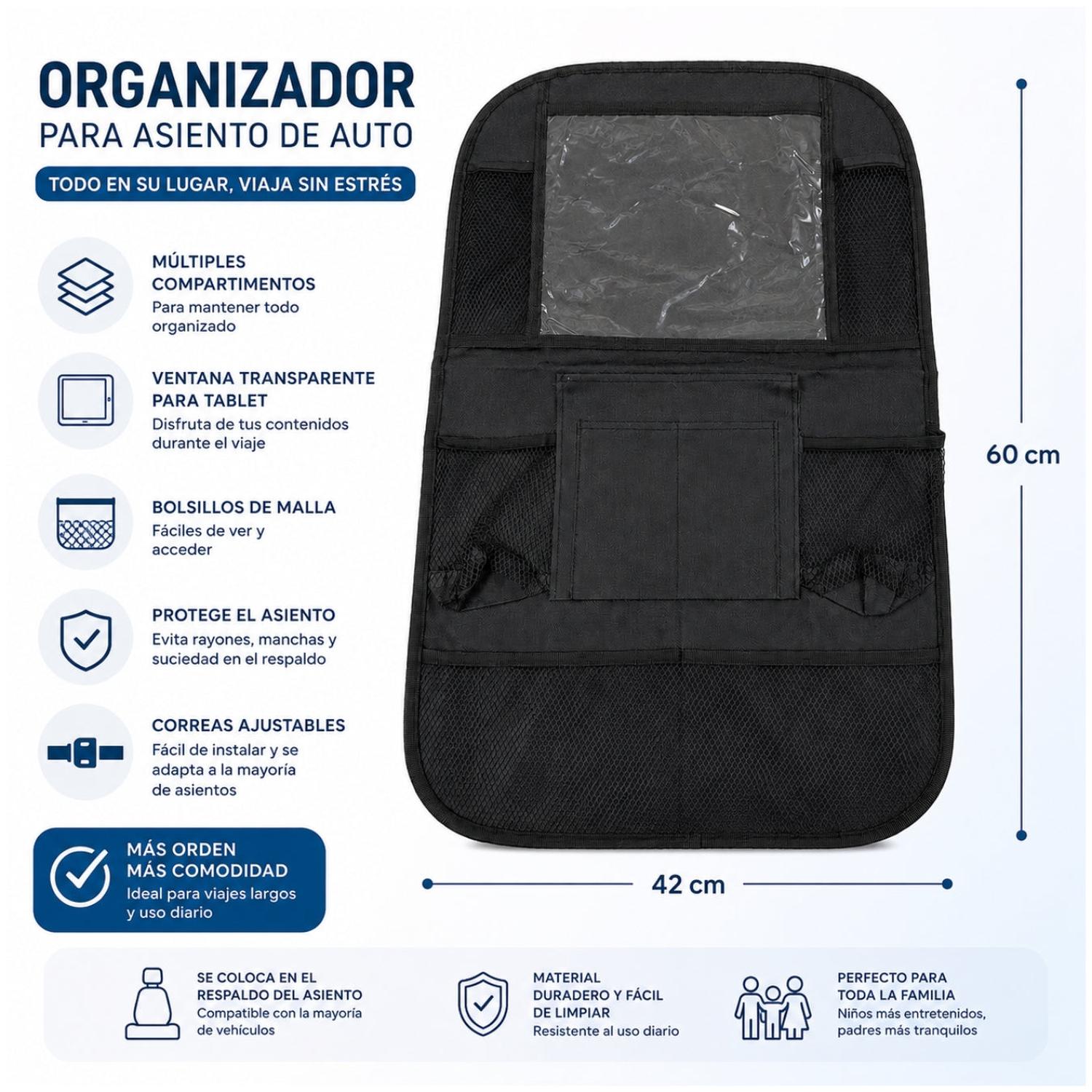 ORGANIZADOR MULTIFUNCIONAL PARA ASIENTO DE AUTO CON PORTA TABLET Y MÚLTIPLES BOLSILLOS - 4