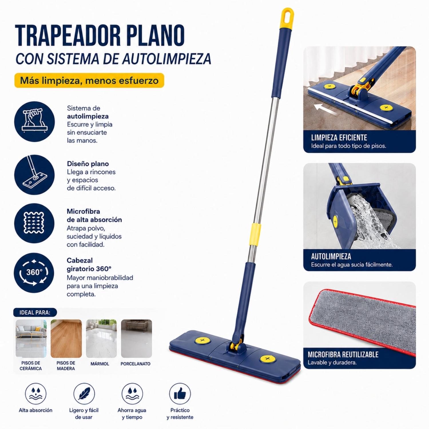 TRAPEADOR PLANO AUTOLIMPIANTE CON MICROFIBRA EXPRIME SIN CONTACTO MOPA 360° - 2