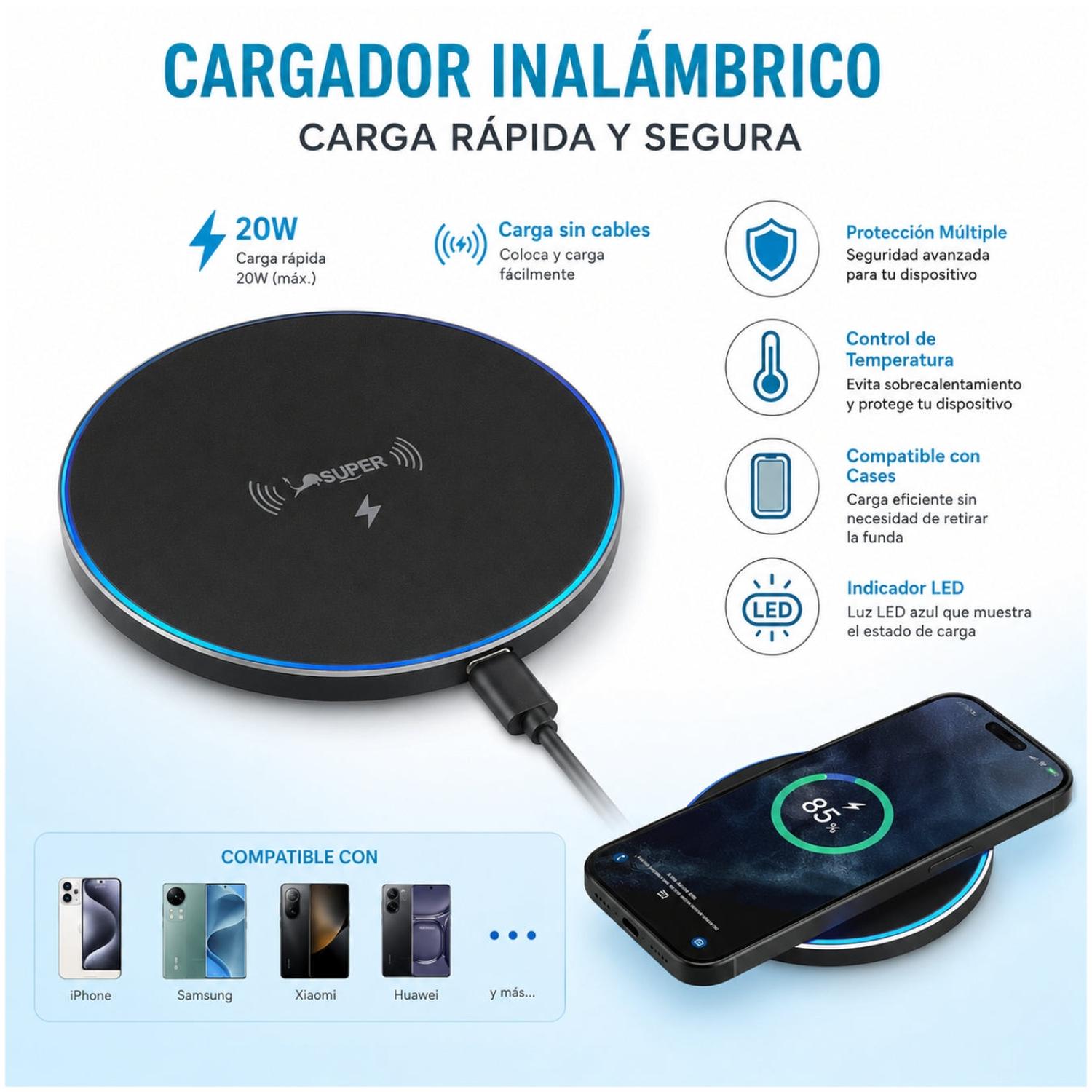 CARGADOR INALÁMBRICO RGB CR43 DE 20W DE CARGA RÁPIDA PARA SMARTPHONE - 2